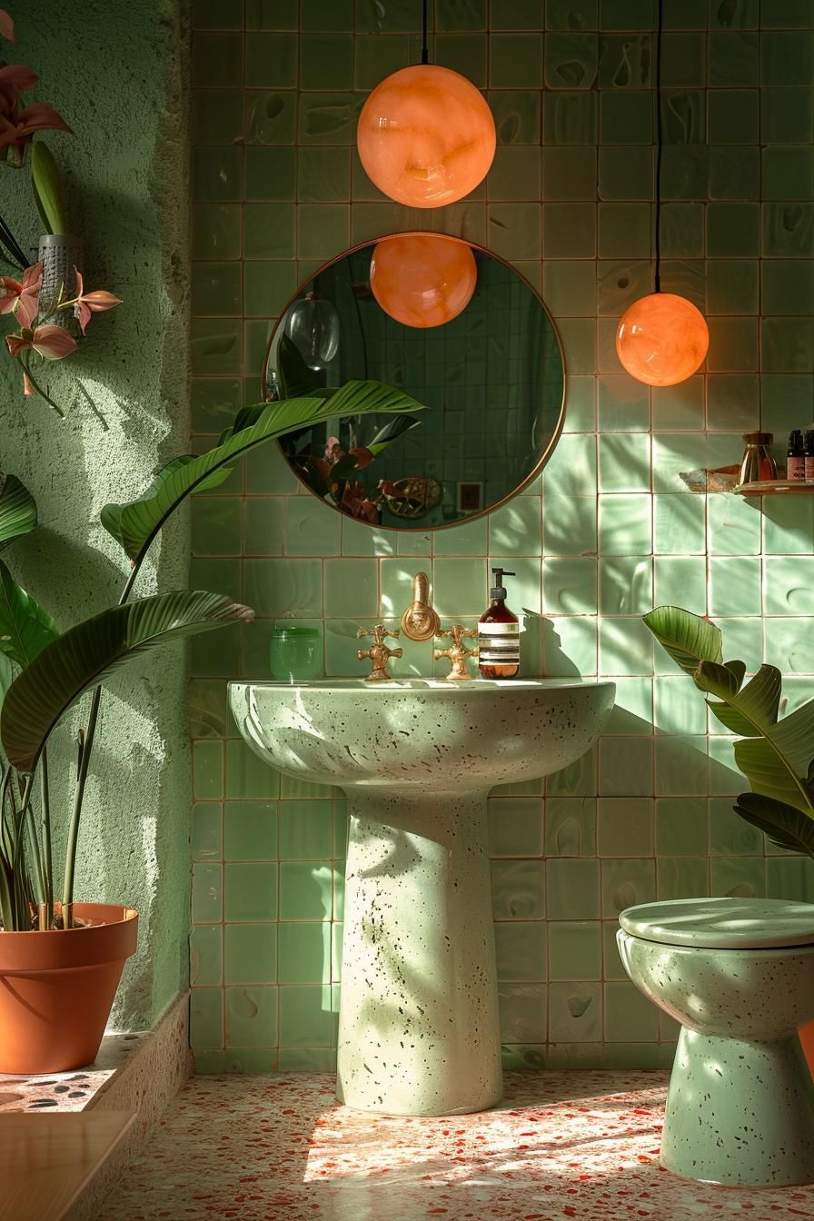 15 Chic Mid Century Modern Bathroom Ideas For Timeless Elegance 4 1. Retro Geometric Bathroom Color Scheme-1