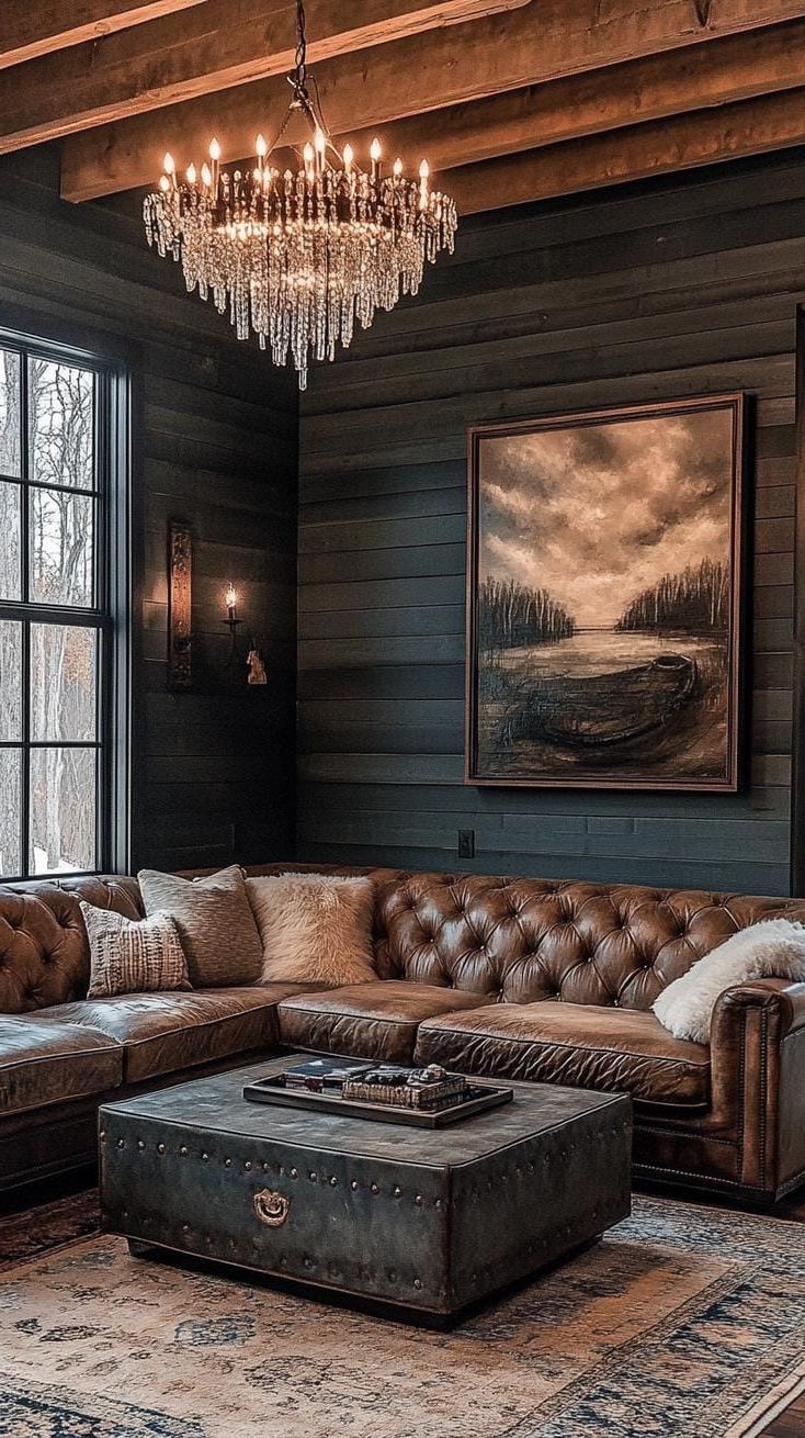 19 Cozy Moody Farmhouse Living Room Ideas That Wow 54 17. Art-Deco Chandelier in Farmhouse-2