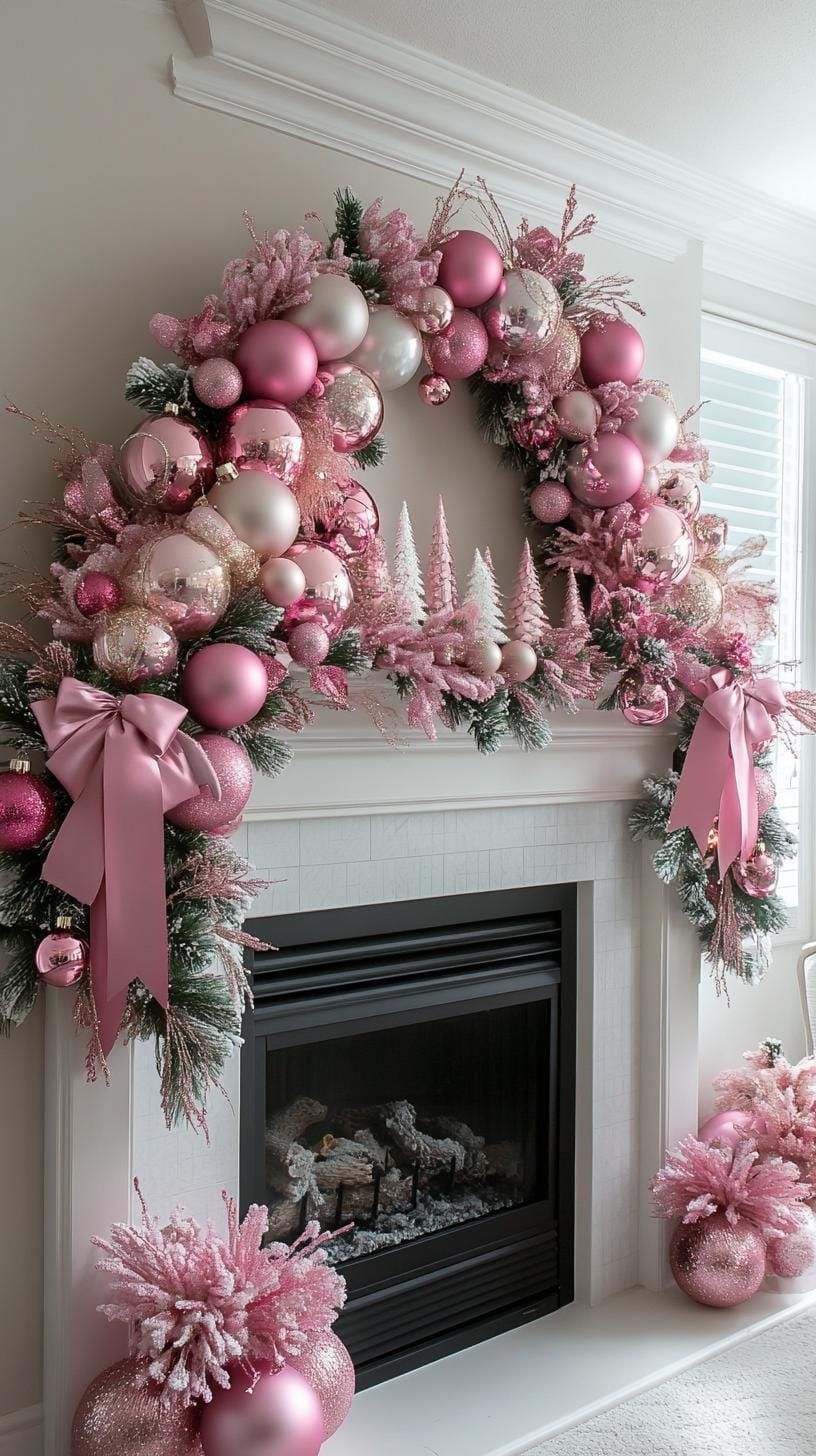 21 Magical Christmas Decor Inspiration for a Cozy Home 29 12. Whimsical Pink-and-White Mantel Magic-1