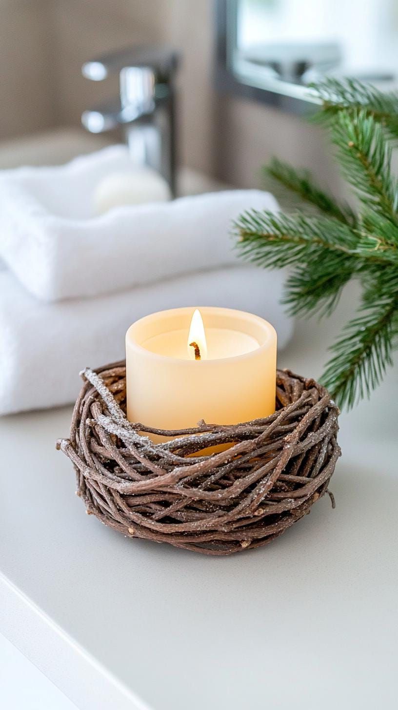 19 Simple Christmas Decor Ideas for Small Bathrooms 37 19. Rustic candle holder with wrapped faux pine twigs-1