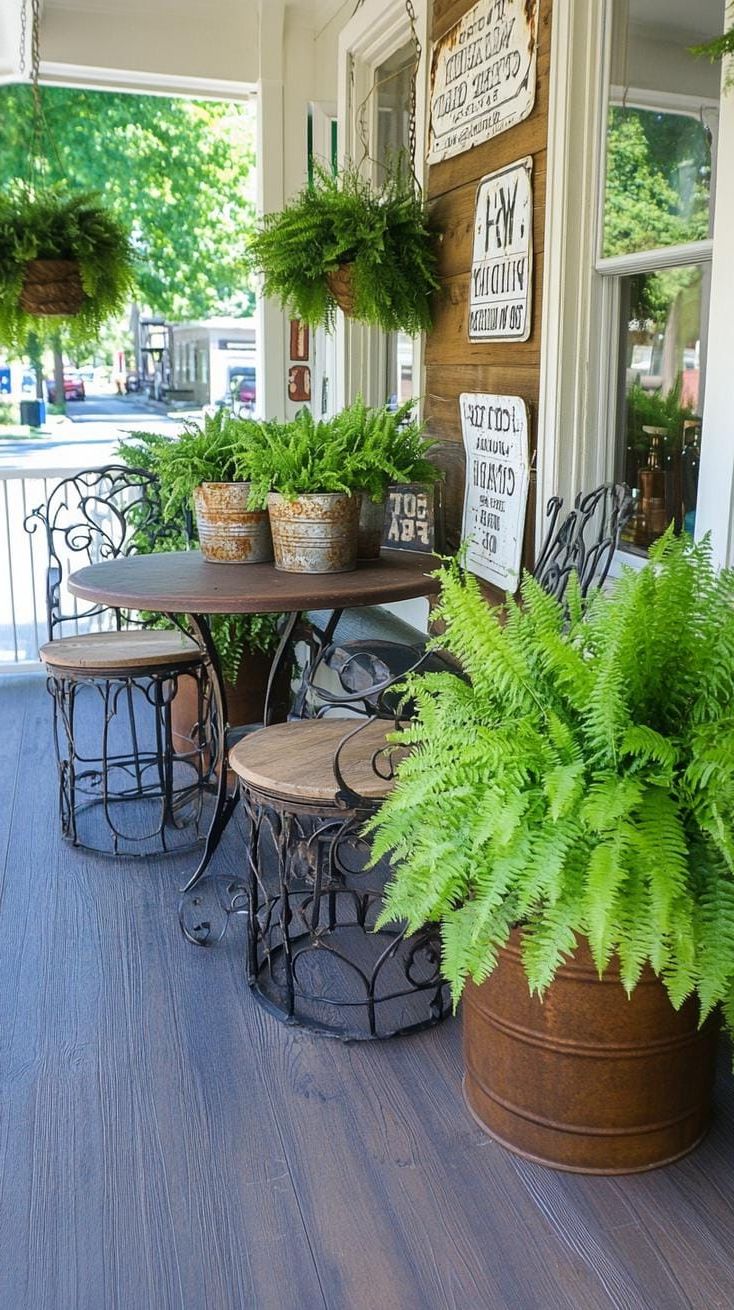 4. Vintage elegance with wrought iron details, vintage cigarette signs, and ferns in old buckets-0
