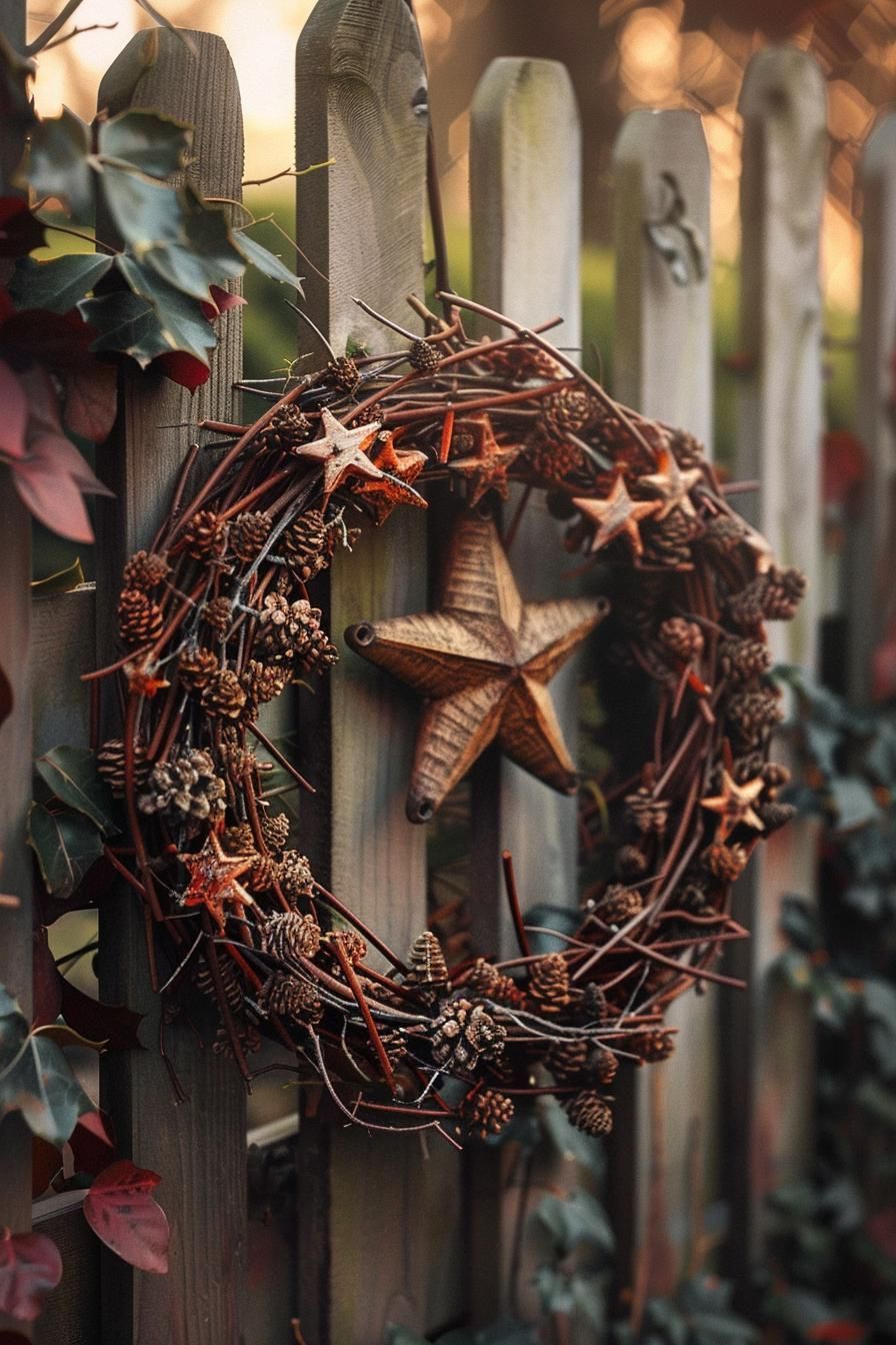 31 Creative Garden Art Ideas for A Stunning Outdoor Oasis 29 20. Star Twig Wreath for Fence-0