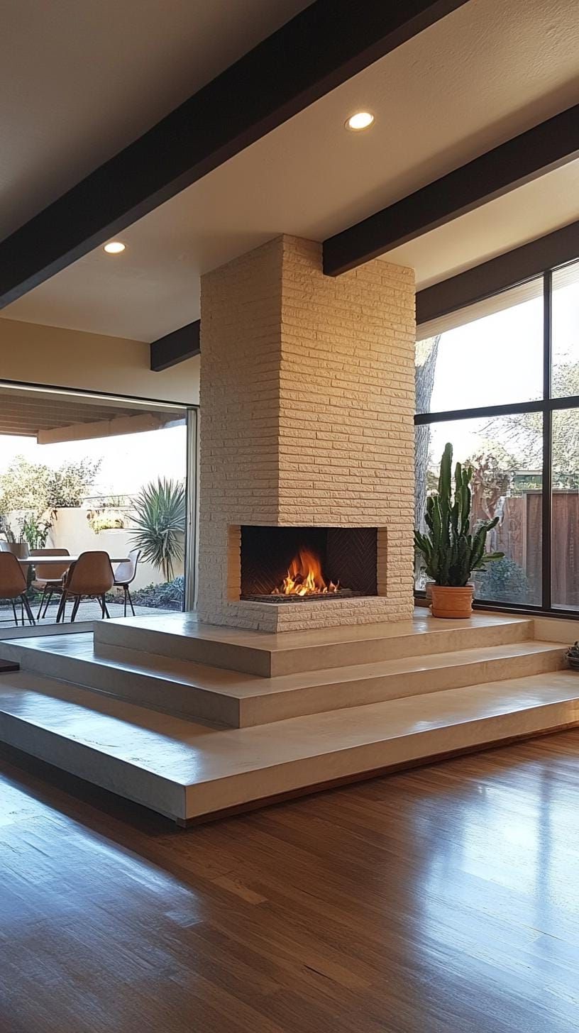11. Split-level living room with central stone fireplace column-2