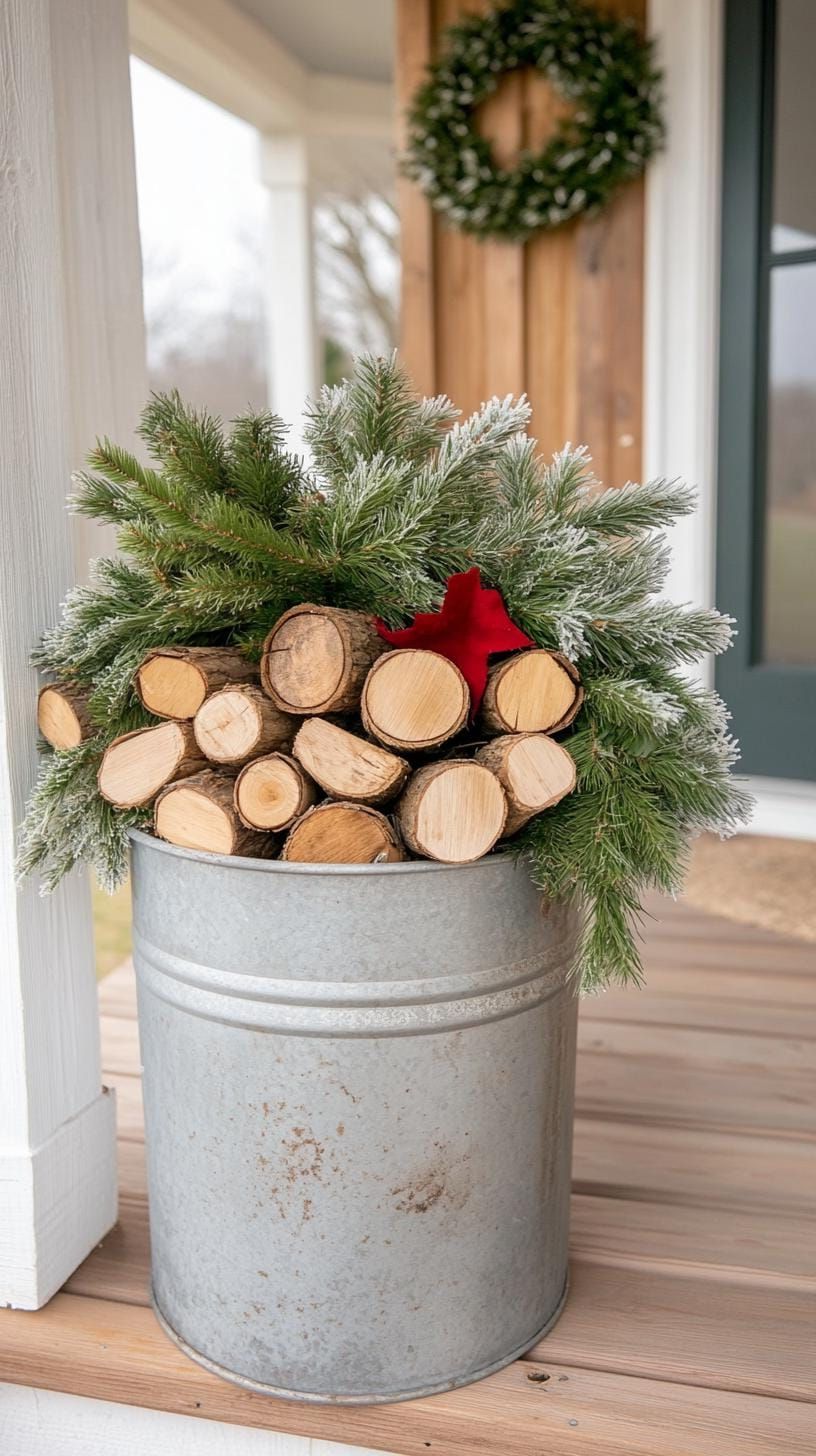 15 Gorgeous Winter Porch Decor Ideas to Spark Your Creativity 33 11. Winter-Themed Galvanized Metal Bucket with Firewood-2