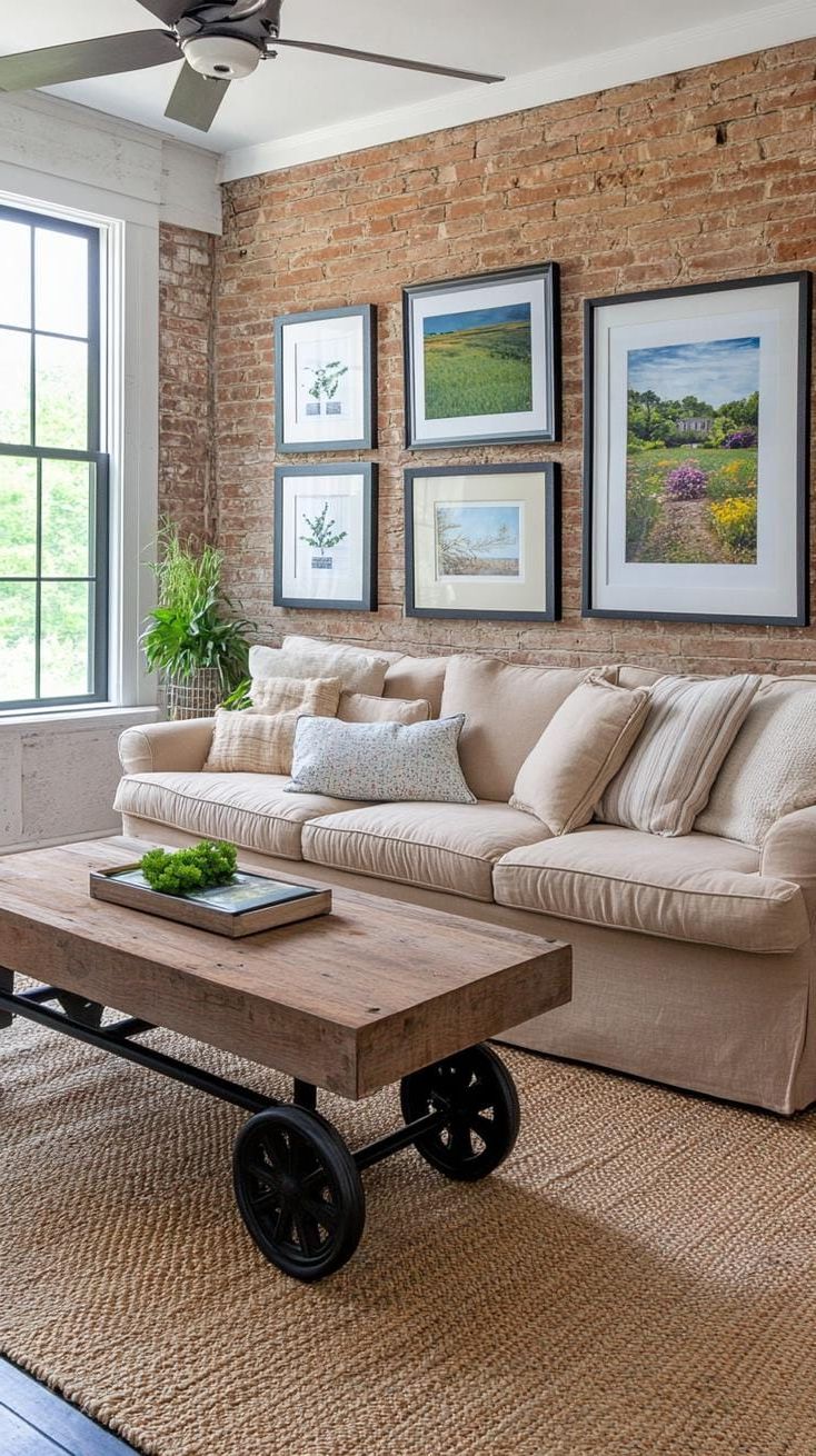 21 Best Industrial Farmhouse Living Room Ideas to Inspire 56 19. Stack mismatched vintage framed artwork on exposed brick walls, complemented by a cozy postal sack sofa for an approachable vibe-1
