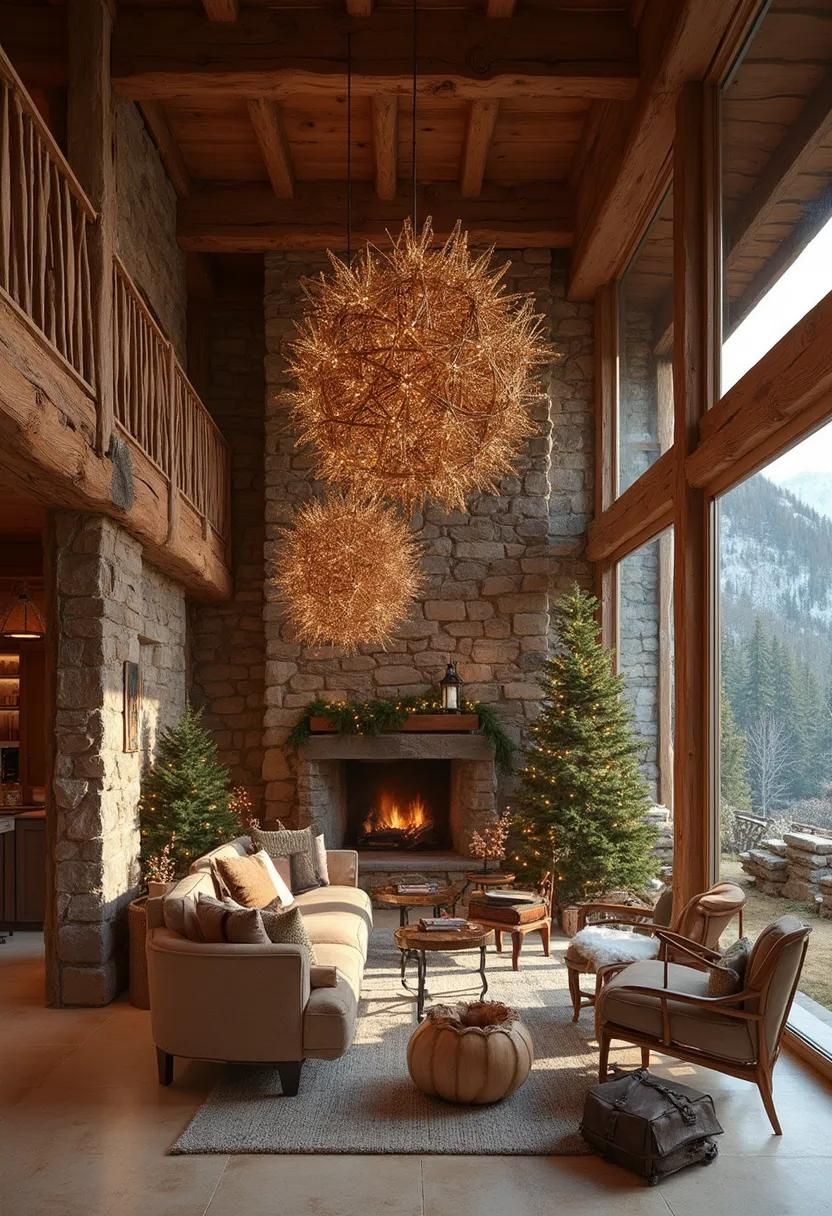 21 Cozy Mountain Lodge Christmas Decor Ideas 39 16. Rustic Rattan Ceiling Decor-0
