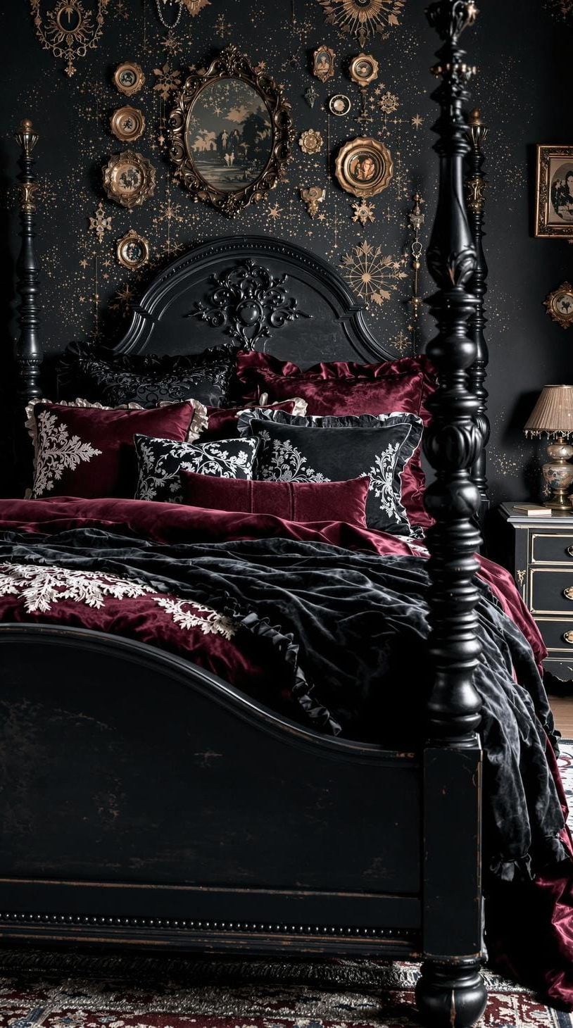 3. Distressed black bed frame layered with plush jewel-toned fabrics and pillows featuring intricate lace accents-1