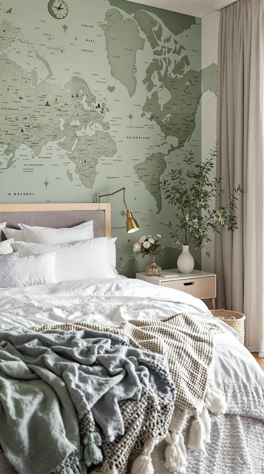 17. Global Trek: Use bohemian world map wallpaper with sage hues to inspire wanderlust-0