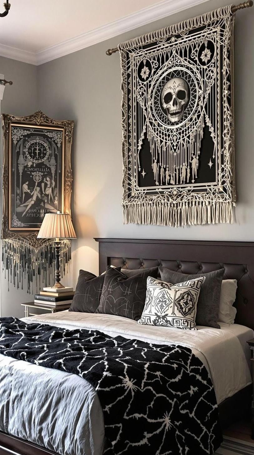12. Macramé wall hangings interspersed with ornate gothic picture frames, featuring art by Alphonse Mucha-0