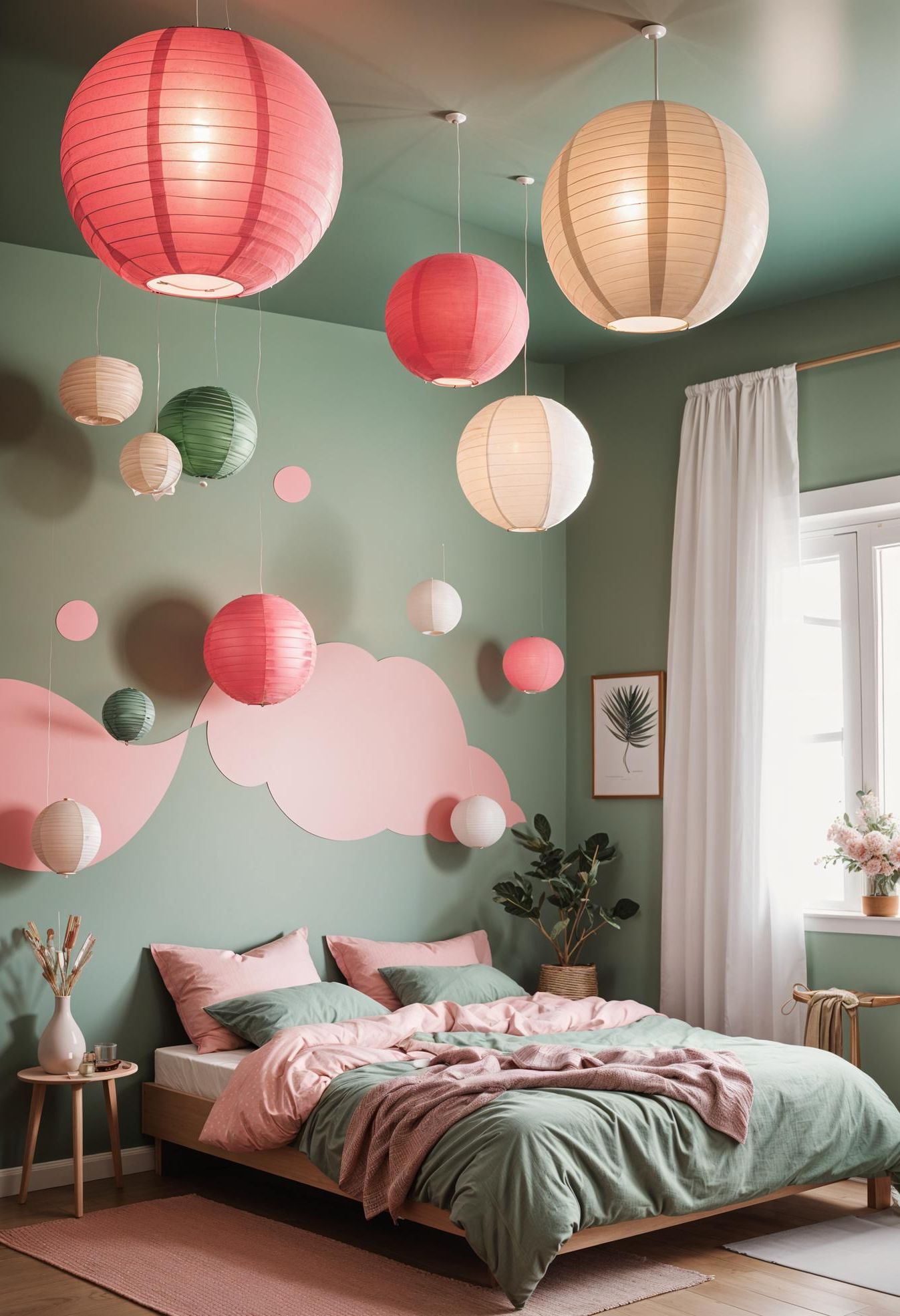 31 Chic Sage Green and Pink Bedroom Inspirations 47 30. Sage Pink Lantern Cluster DIY-0