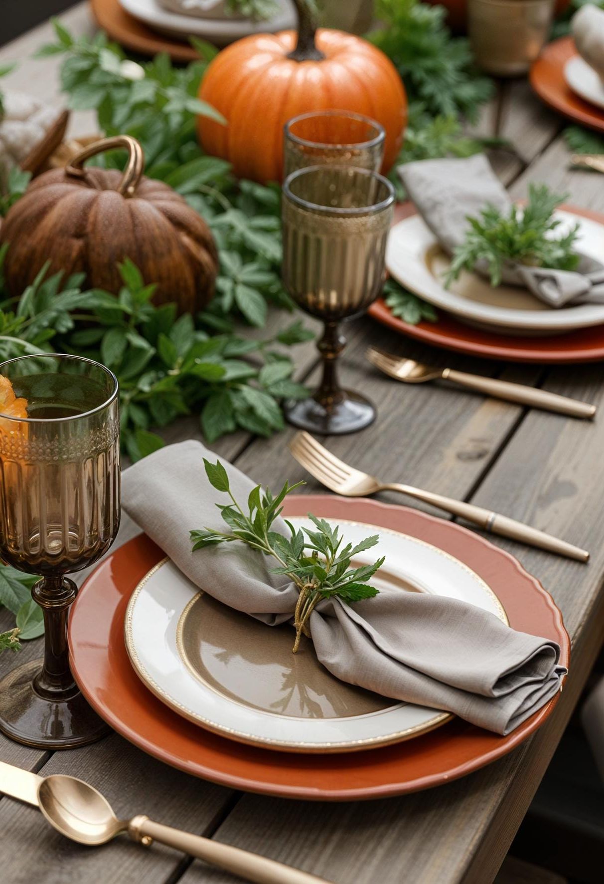 20. Earthy terracotta plates with fresh herb place card settings-2