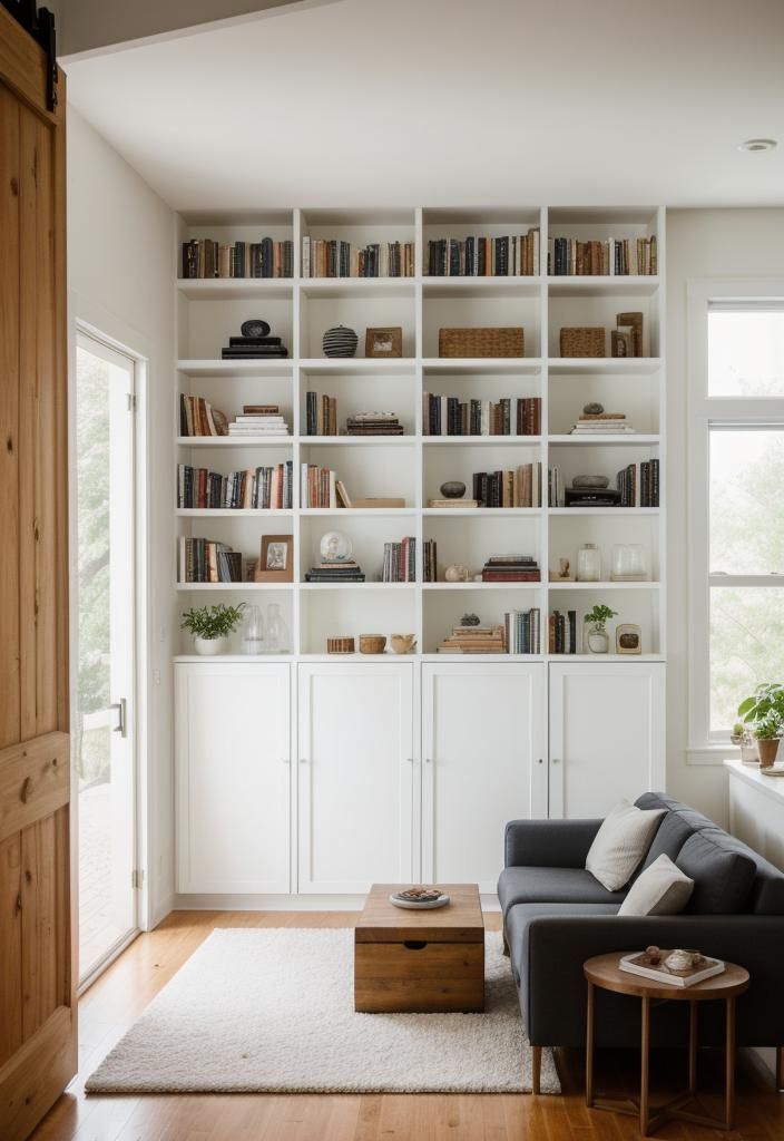 21 Elegant Built-In Shelves Ideas for the Living Room 15 11. Minimalist Barn Door Shelves-1