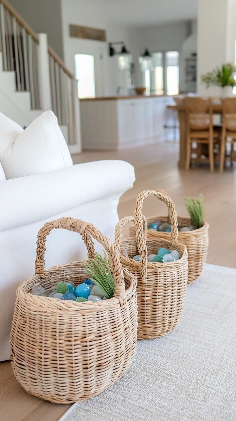 20 Unique Coastal Farmhouse Living Room Ideas That Wow 56 18. Style wicker baskets and sea glass collection for authentic coastal touches-1