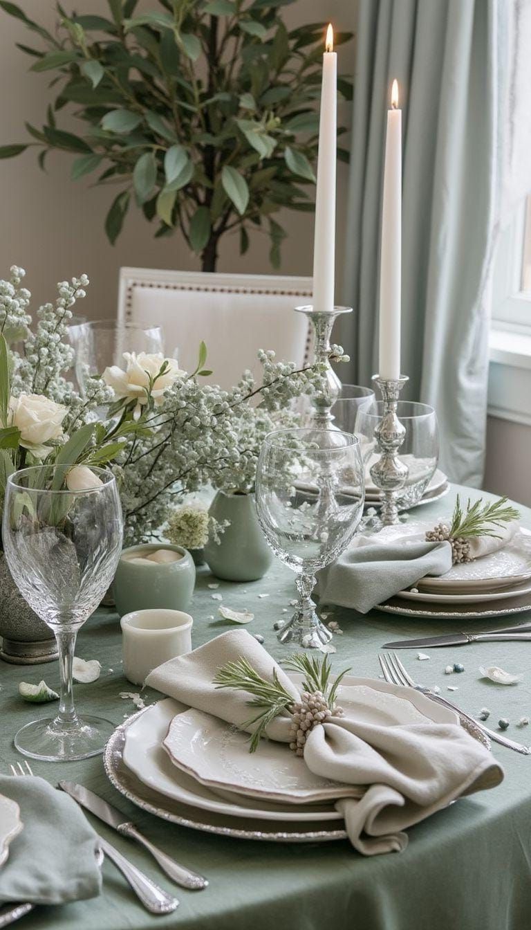 15 Unique Winter Tablescapes To Transform Your Dining Room 29 11. Sage & Silver Winter Tablescapes-0
