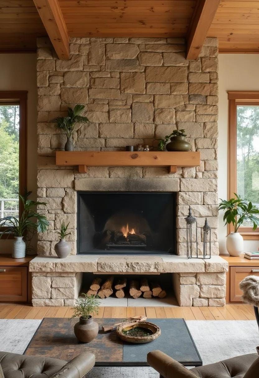 16. Rustic stone fireplace with integrated wooden storage bench-1