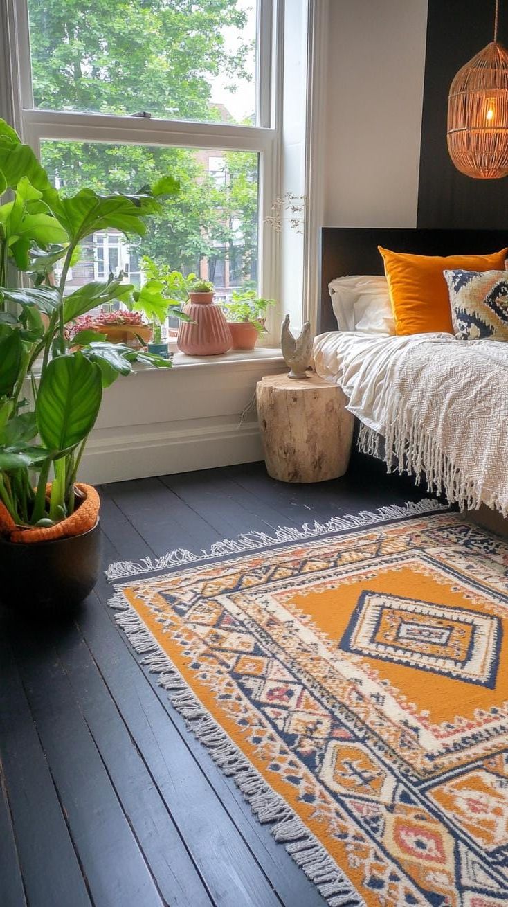 17. Layered Persian rugs on dark wooden floors, boho textiles-0
