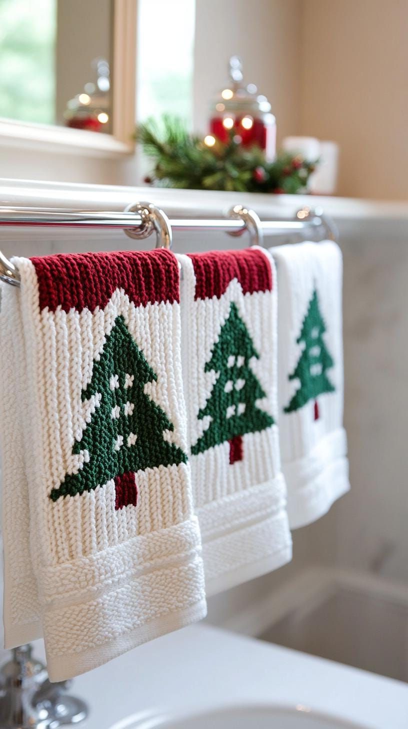 19 Simple Christmas Decor Ideas for Small Bathrooms 12 7. Christmas-themed hand towels with tree pattern-1