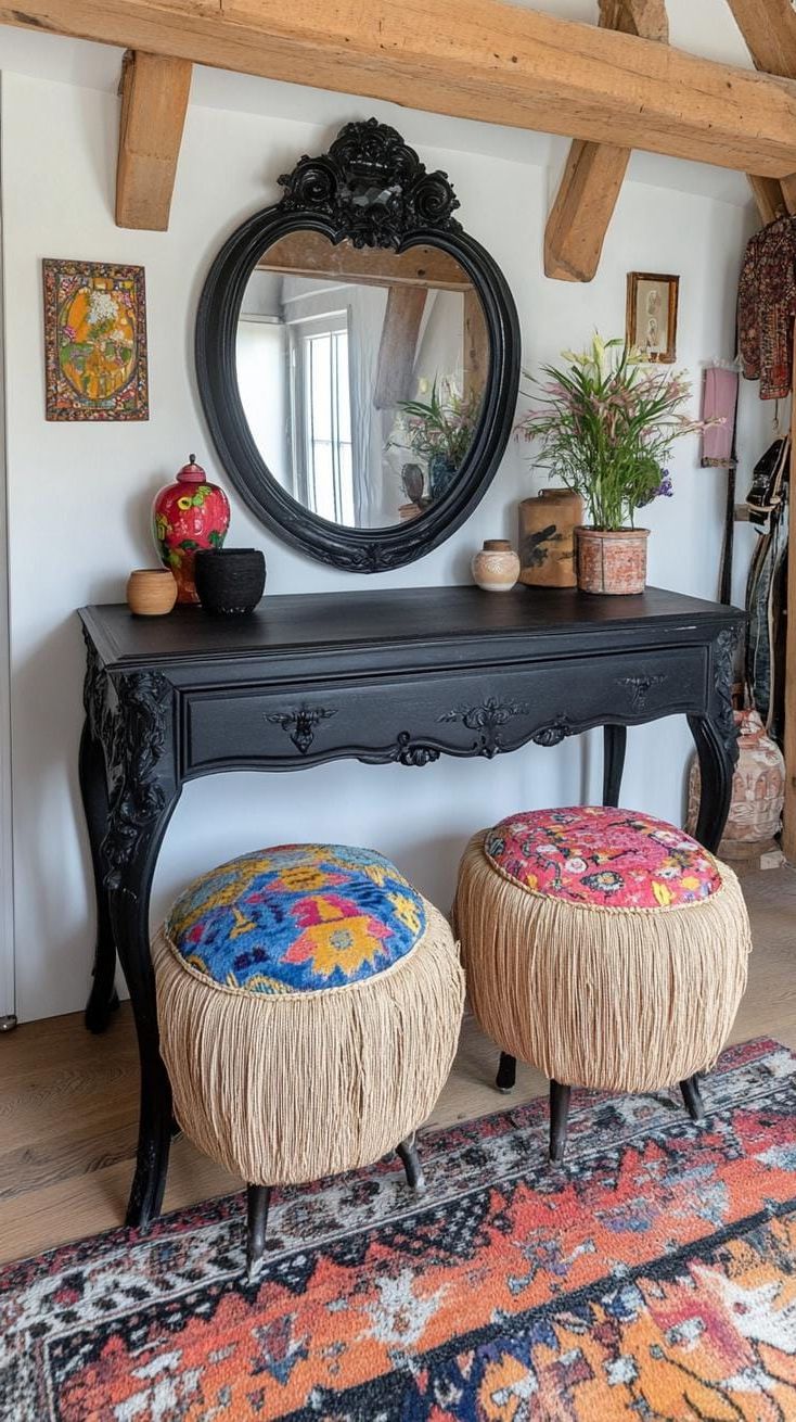 15. A baroque-style vanity repainted in black, juxtaposed with colorful boho woven seat cushions-1