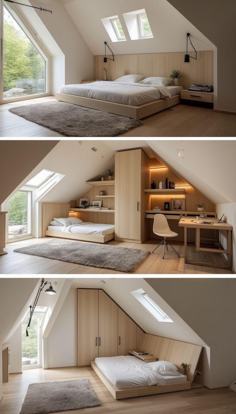 15 Genius Small Attic Bedroom Ideas To Maximize Space 25 8. Murphy Bed with Convertible Table: A folding bed that transforms into a dining or workspace when stored-1