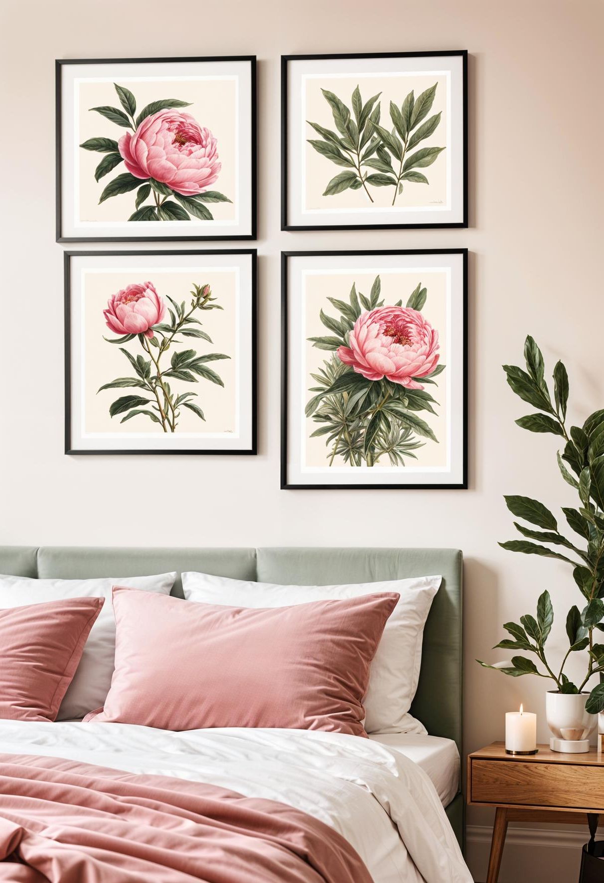31 Chic Sage Green and Pink Bedroom Inspirations 17 9. Nature-Inspired Artwork in Bedroom-0