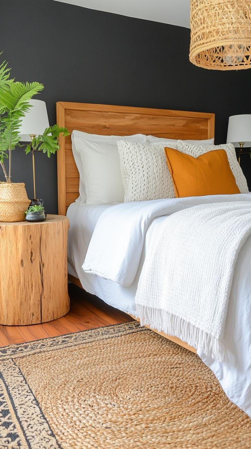 13. Natural wood nightstands with earthy decor and leafy plants-2