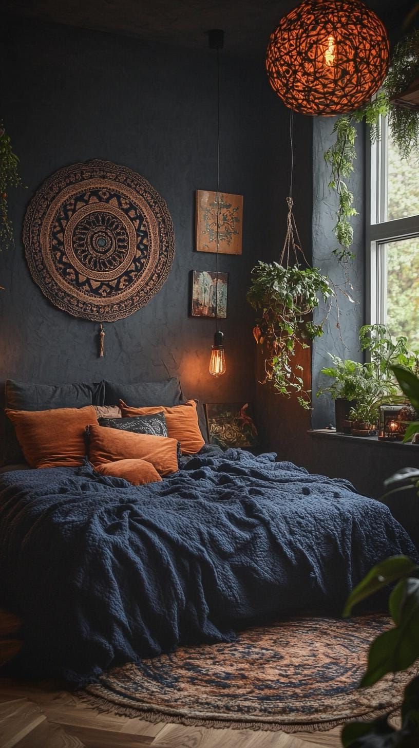 2. Cozy bed with deep-toned blankets, vintage art, and moody lights-1
