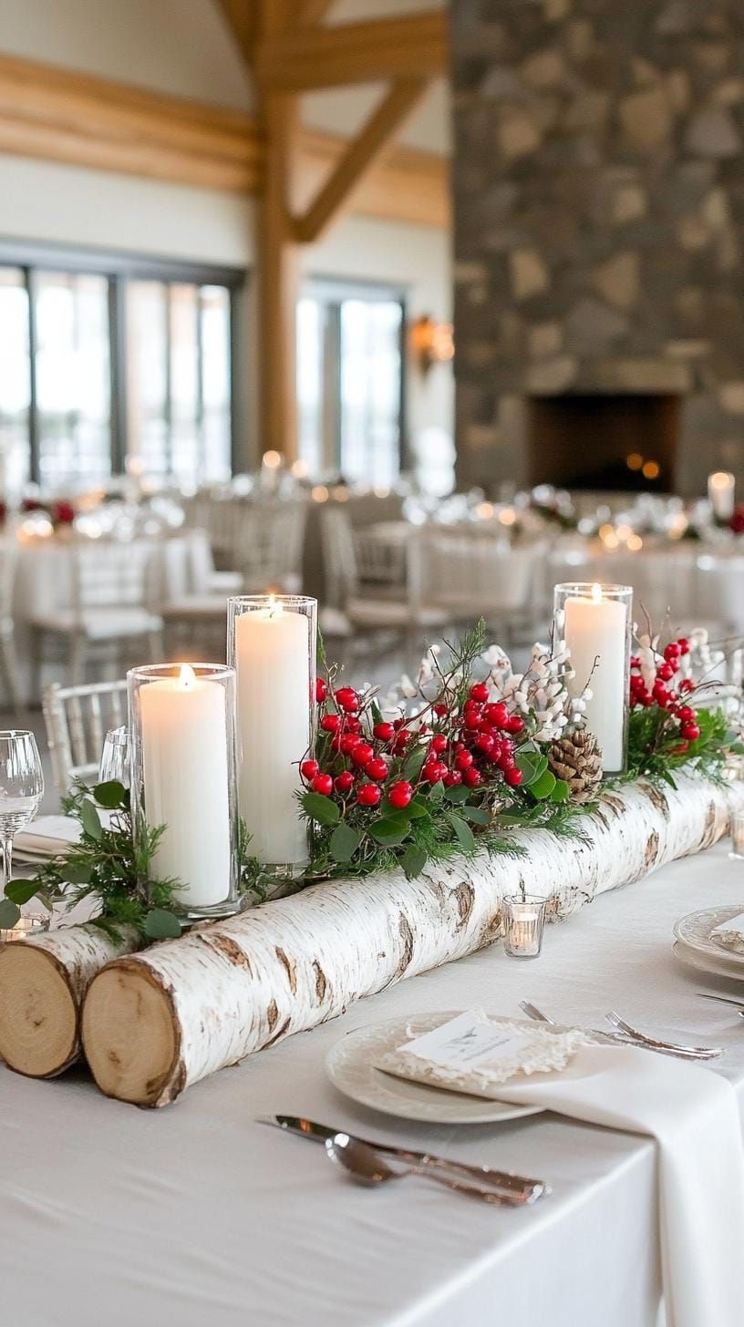 15 Stunning Winter Centerpieces to Transform Your Table 18 5. Birch Log Trio: Lay three birch logs of ascending lengths in the center, topped with white birch bark candles and sprigs of red winter berries-2
