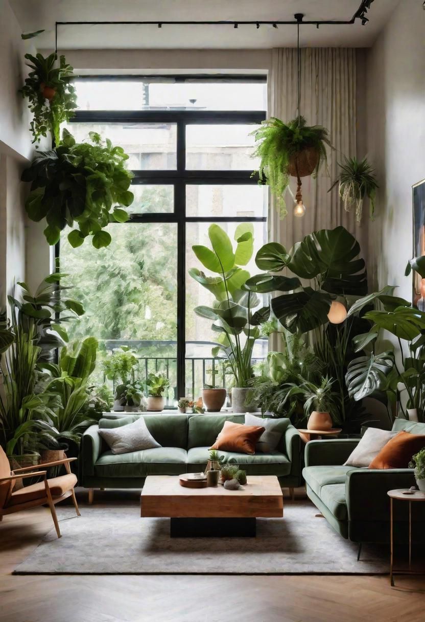 43 Modern Living Room Inspirations: Chic, Spacious, and Vibrant 26 24. Sustainable Urban Jungle Living Room-0