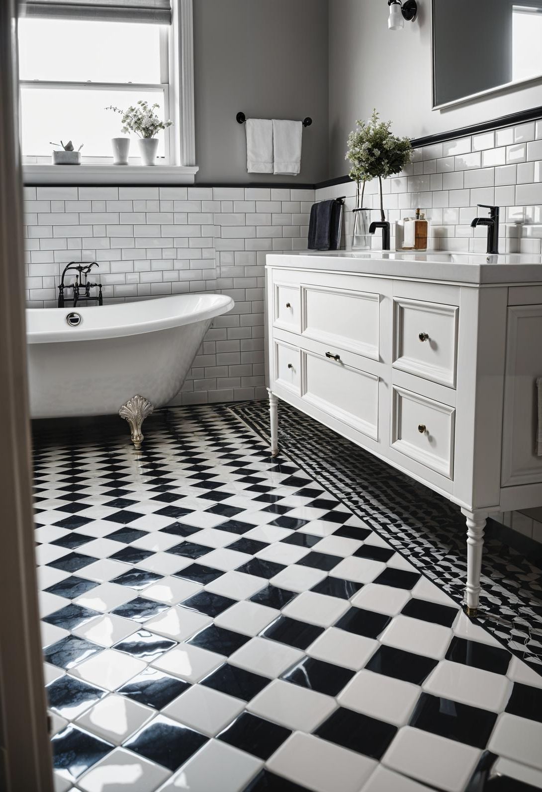 19 Stunning Black and White Bathroom Designs to Inspire You 10 8. Timeless Checkered Bathroom Flooring-0