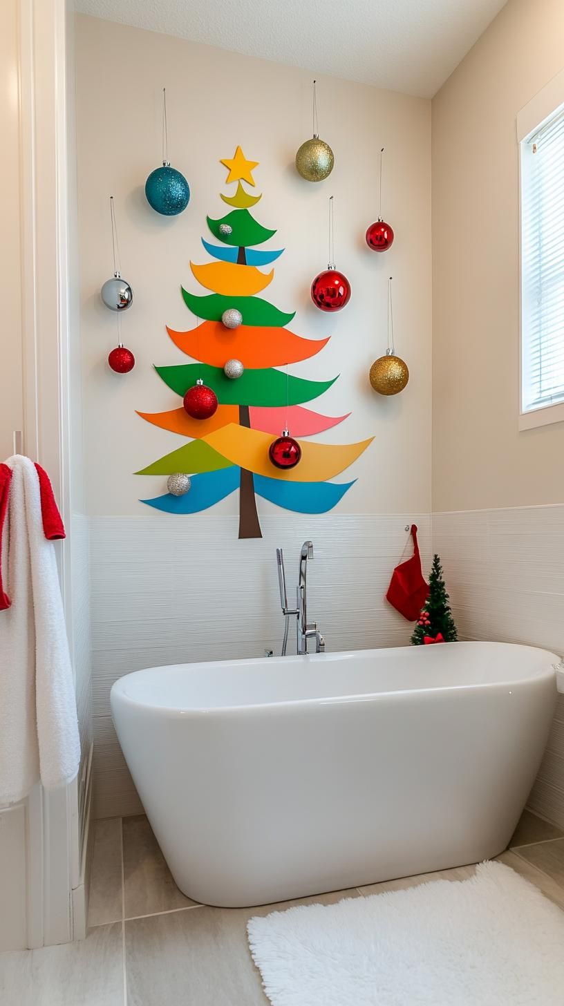 19 Simple Christmas Decor Ideas for Small Bathrooms 29 15. DIY tree wall decal with simple hanging ornaments-2