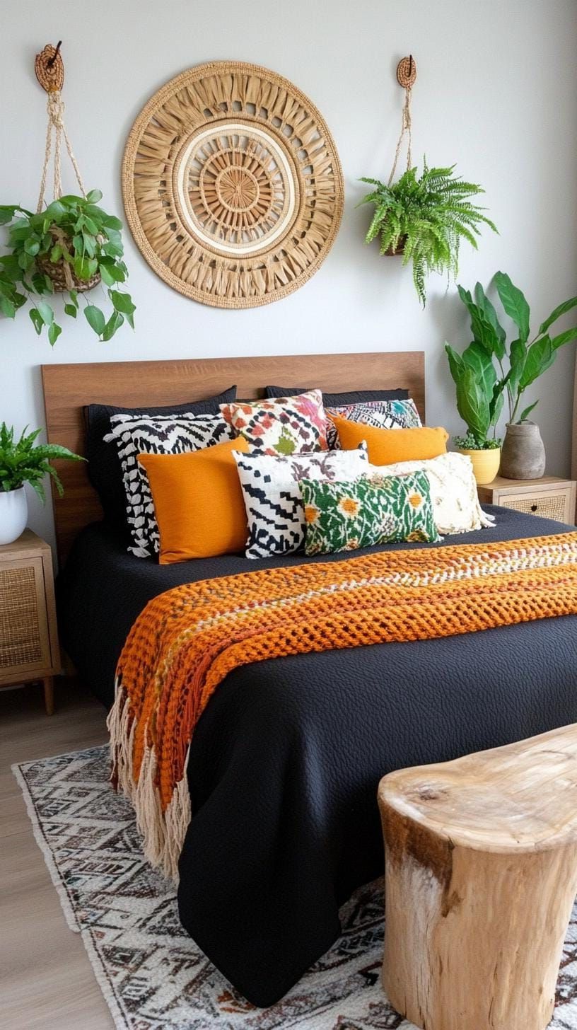 12. Mismatched boho pillows and throws on a dark bedspread-2