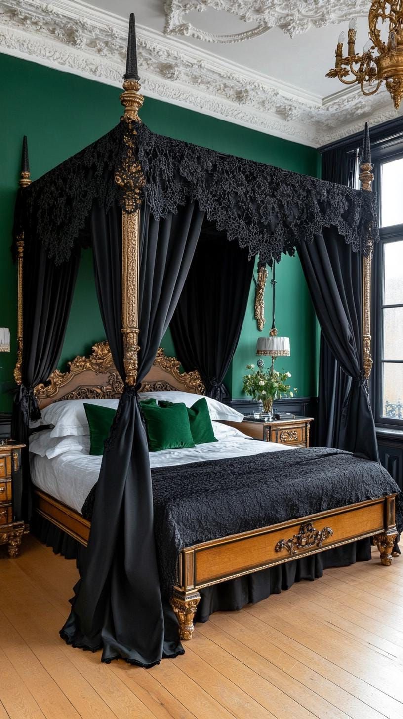 20 Elegant Green and Black Bedroom Ideas You Must See 16 5. Gothic Glamour: Think black lace curtains against bottle green painted walls and antique furniture-1