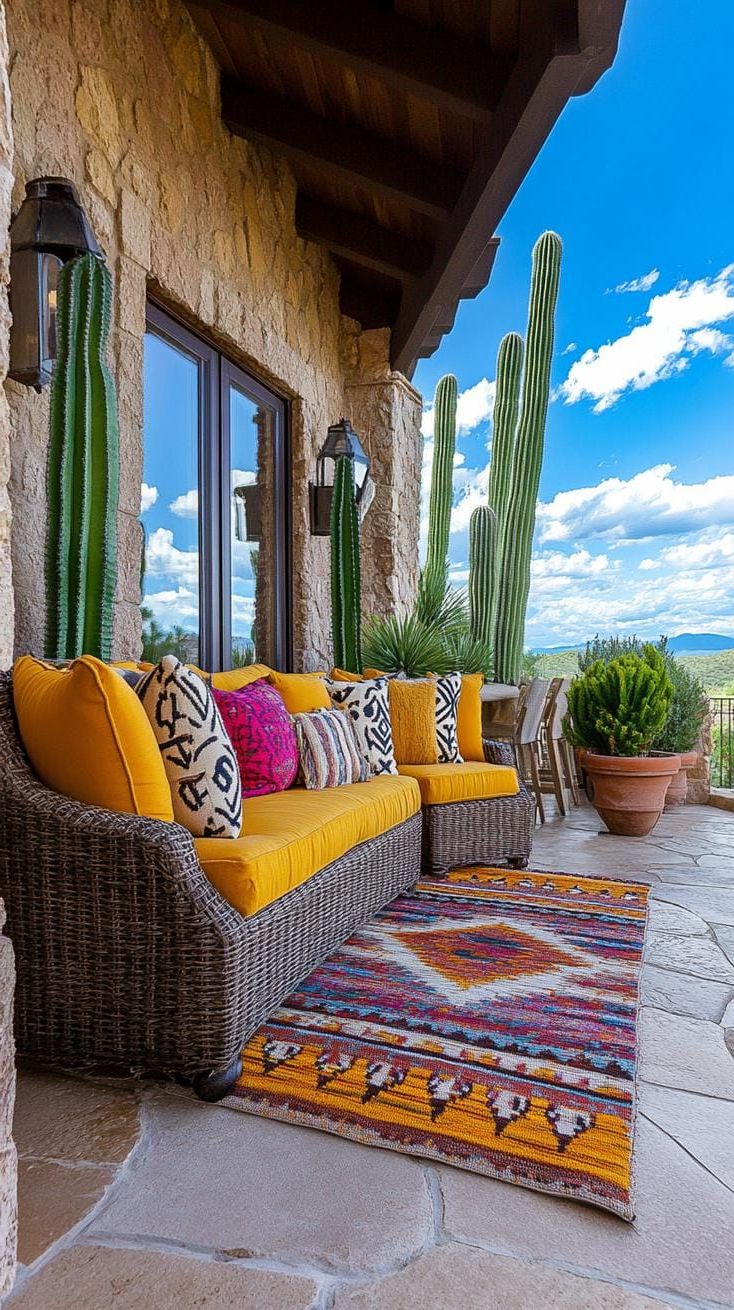 25 Chic Ranch House Decor Ideas for Modern Rustic Living 59 18. Patio with Southwestern textiles and cozy seating for outdoor charm-1