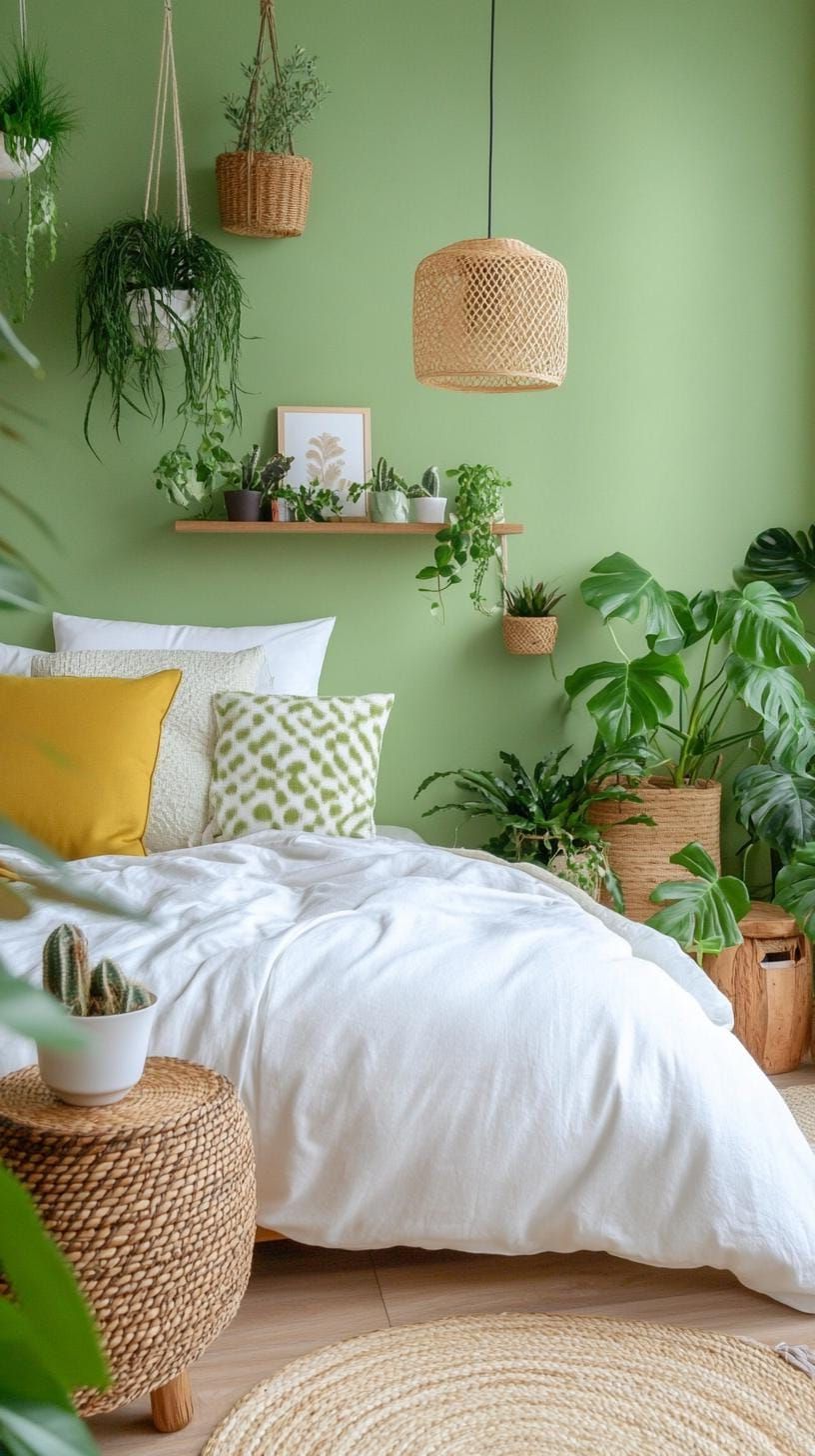 25 Trendy Sage Green Bedroom Ideas For 2025 32 10. Urban jungle retreat with sage green paint and abundant indoor plants-1