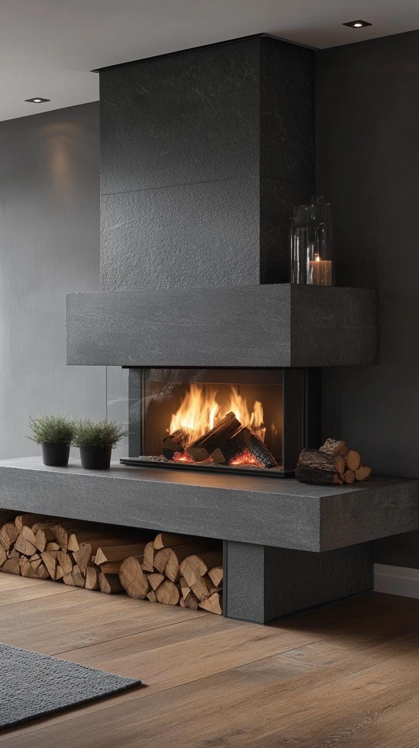 13. Floor-to-ceiling gray slate fireplace with asymmetrical wood storage-0