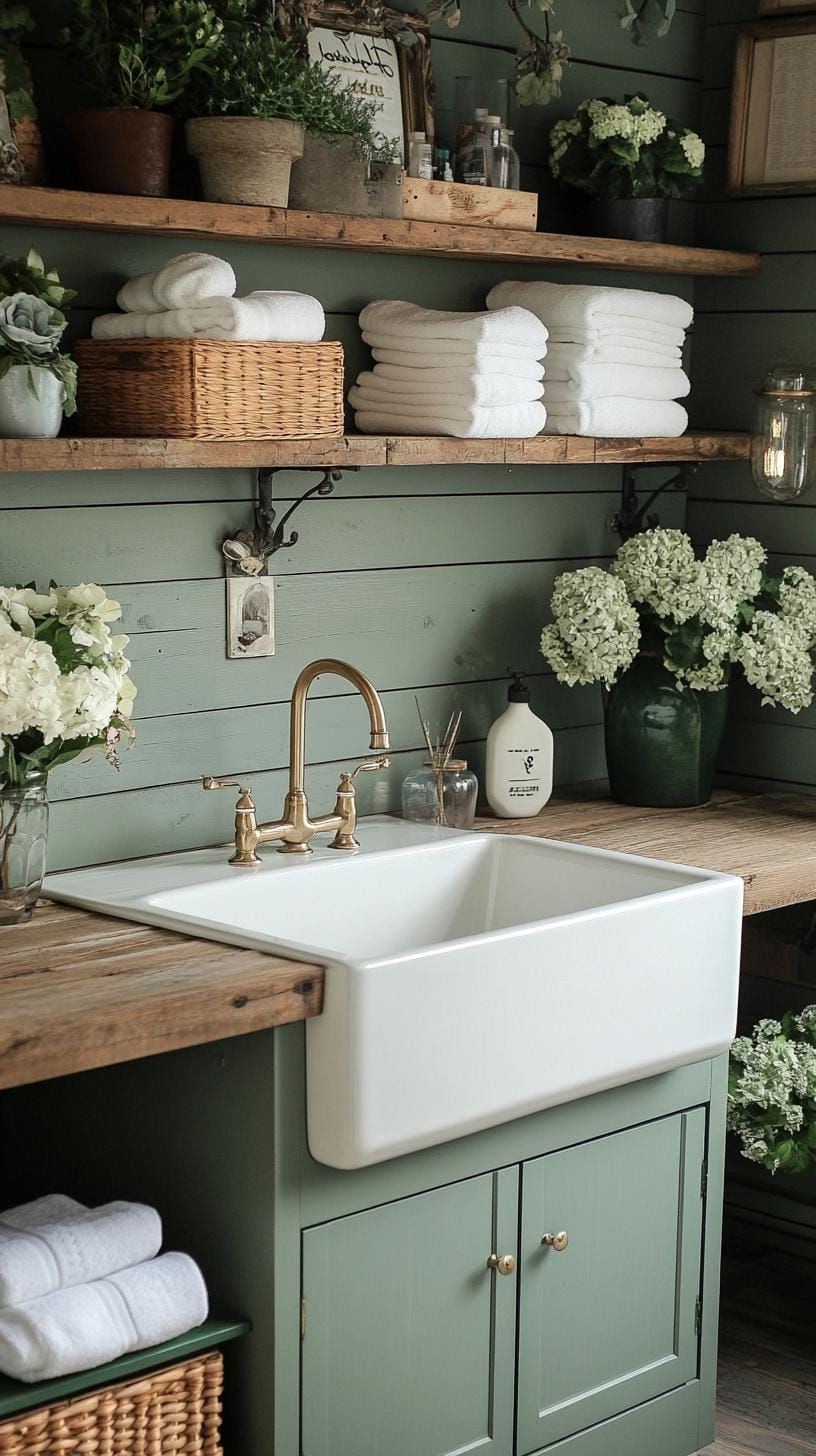 20 Genius Tiny Laundry Room Ideas: Organization & Stacked Design 5 2. Sage green cabinets with farmhouse sink and open shelving-0