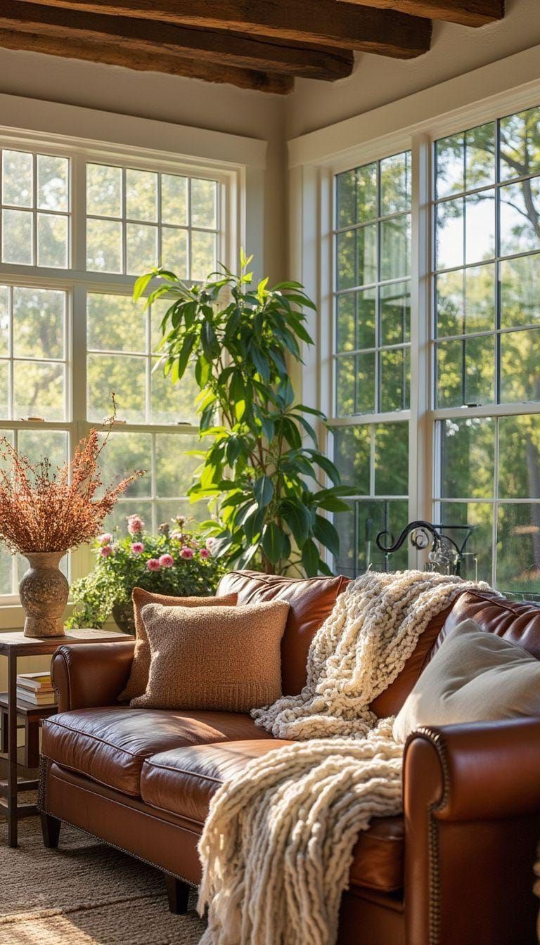 23 Unique Boho Farmhouse Living Room Ideas To Copy 31 10. Sun-Kissed Sanctuary: Play with sunlight through large windows and utilize plants and flowers complemented by a rustic leather sofa and chunky knit throws-0