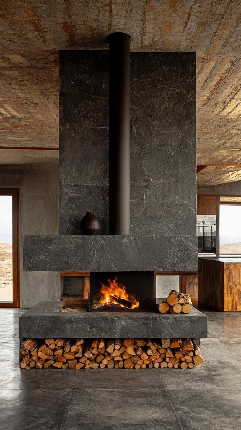 13. Floor-to-ceiling gray slate fireplace with asymmetrical wood storage-1