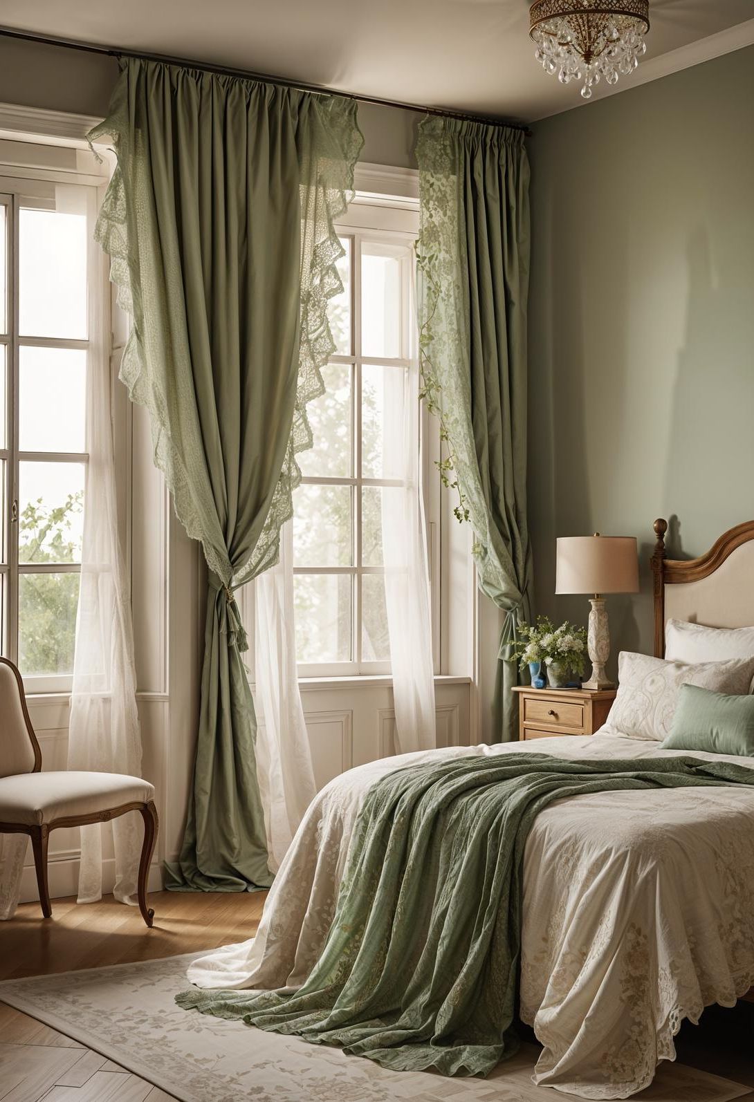 17. Sage Green Lace Curtain Pair-0