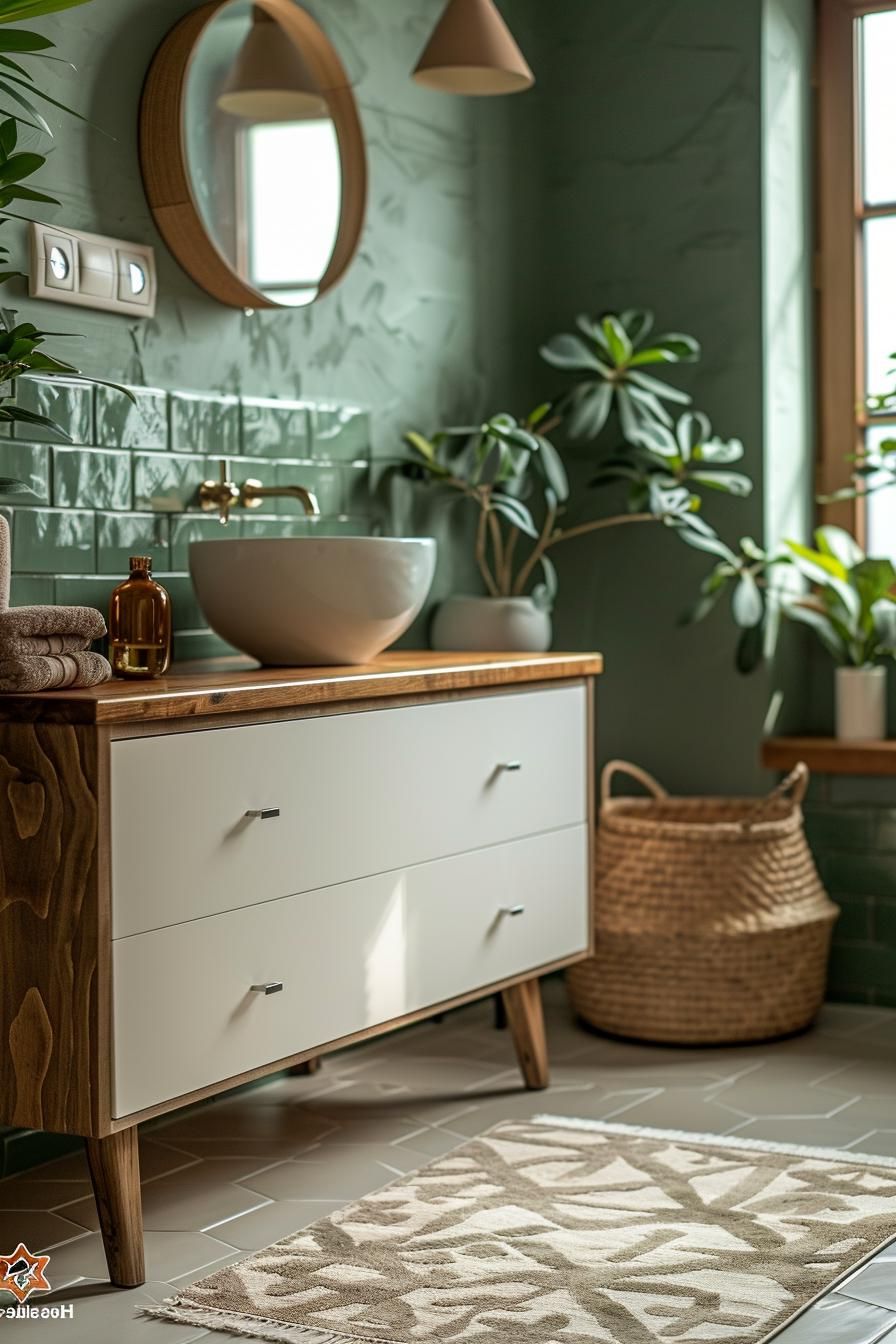 15 Chic Mid Century Modern Bathroom Ideas For Timeless Elegance 3 1. Retro Geometric Bathroom Color Scheme-0