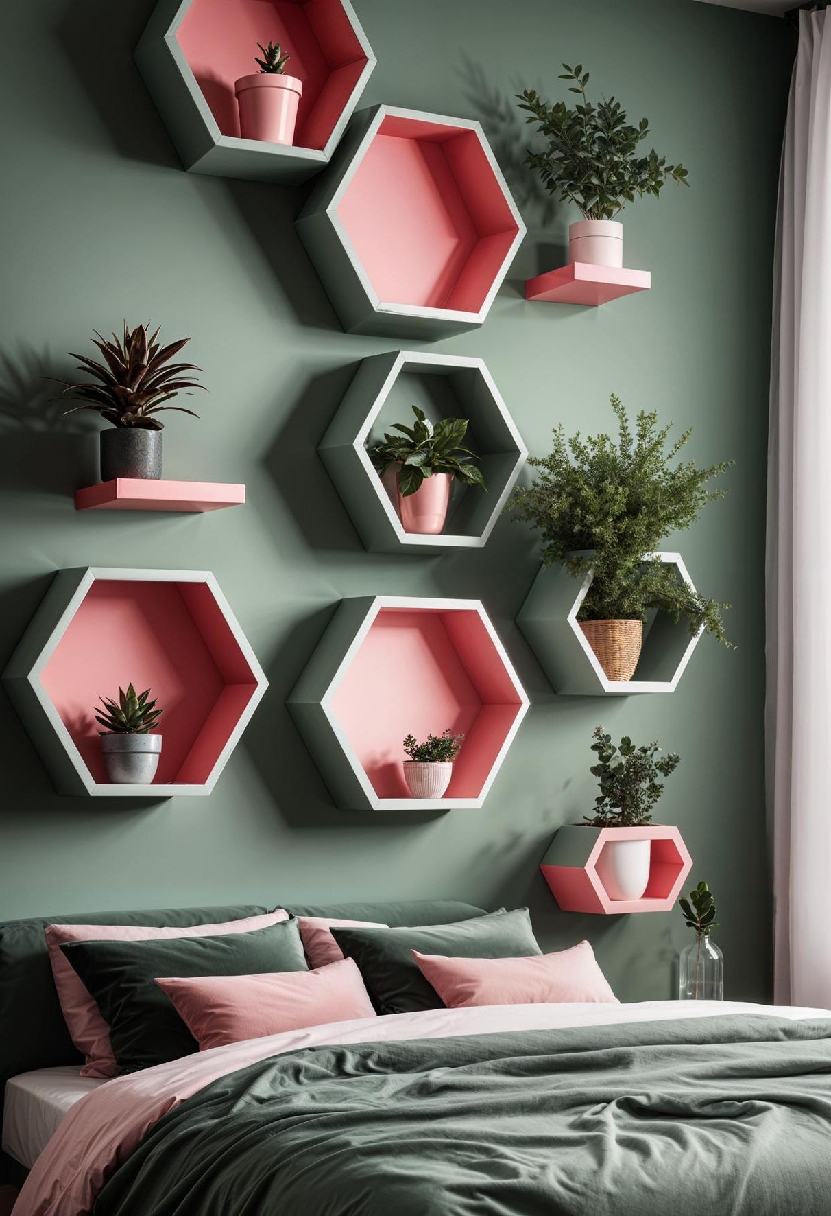 31 Chic Sage Green and Pink Bedroom Inspirations 35 23. Chic Wall Design with Floating Shelves-0