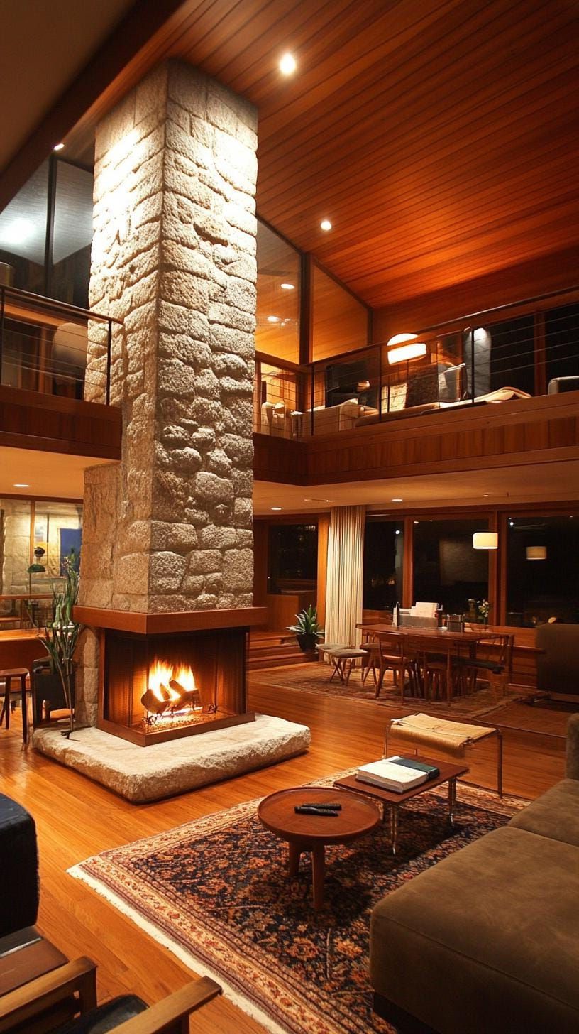 11. Split-level living room with central stone fireplace column-1