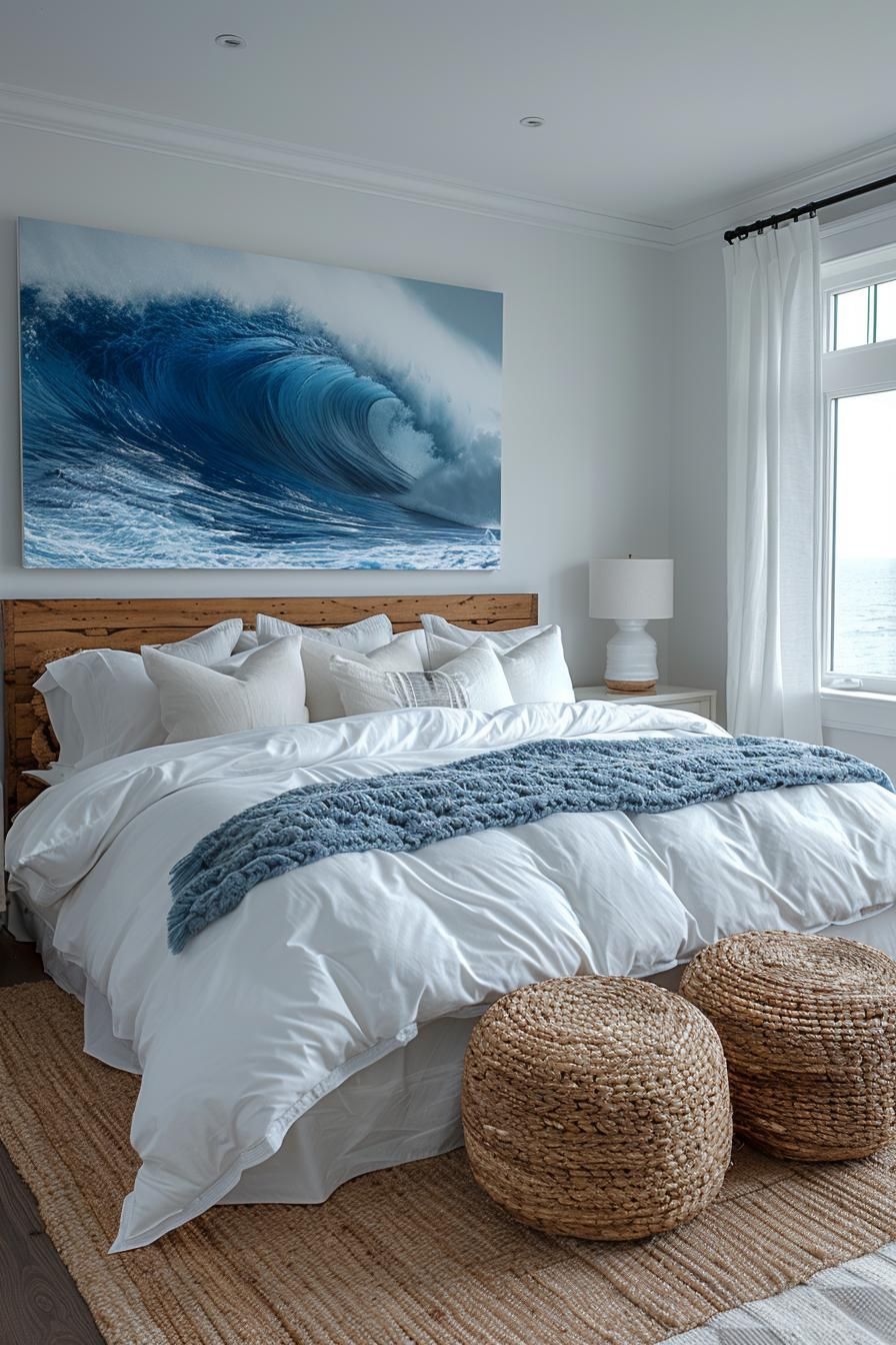 21 Modern Coastal Bedroom Ideas For a Relaxing Retreat 34 13. Sleek Ocean Wave Art Pieces-1
