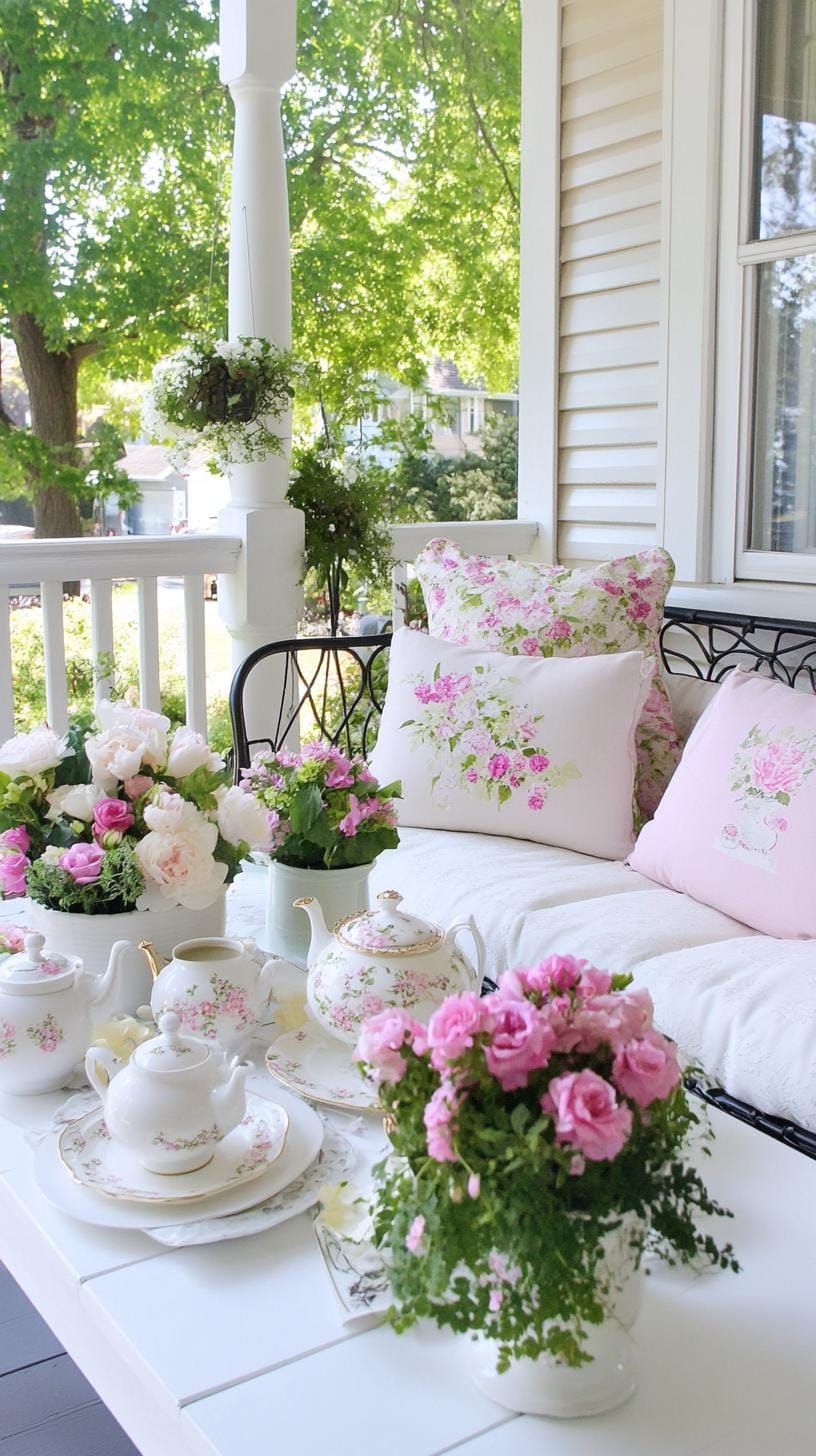 24. English garden nook featuring floral prints, dainty tea sets, and lots of greenery-1