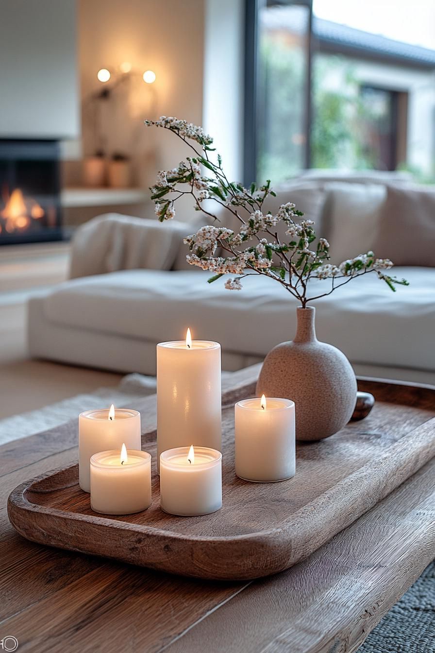 20 Minimalist Christmas Decor Ideas You’ll Love in 2025 12 4. Cozy Candle Clusters on Wooden Trays-1