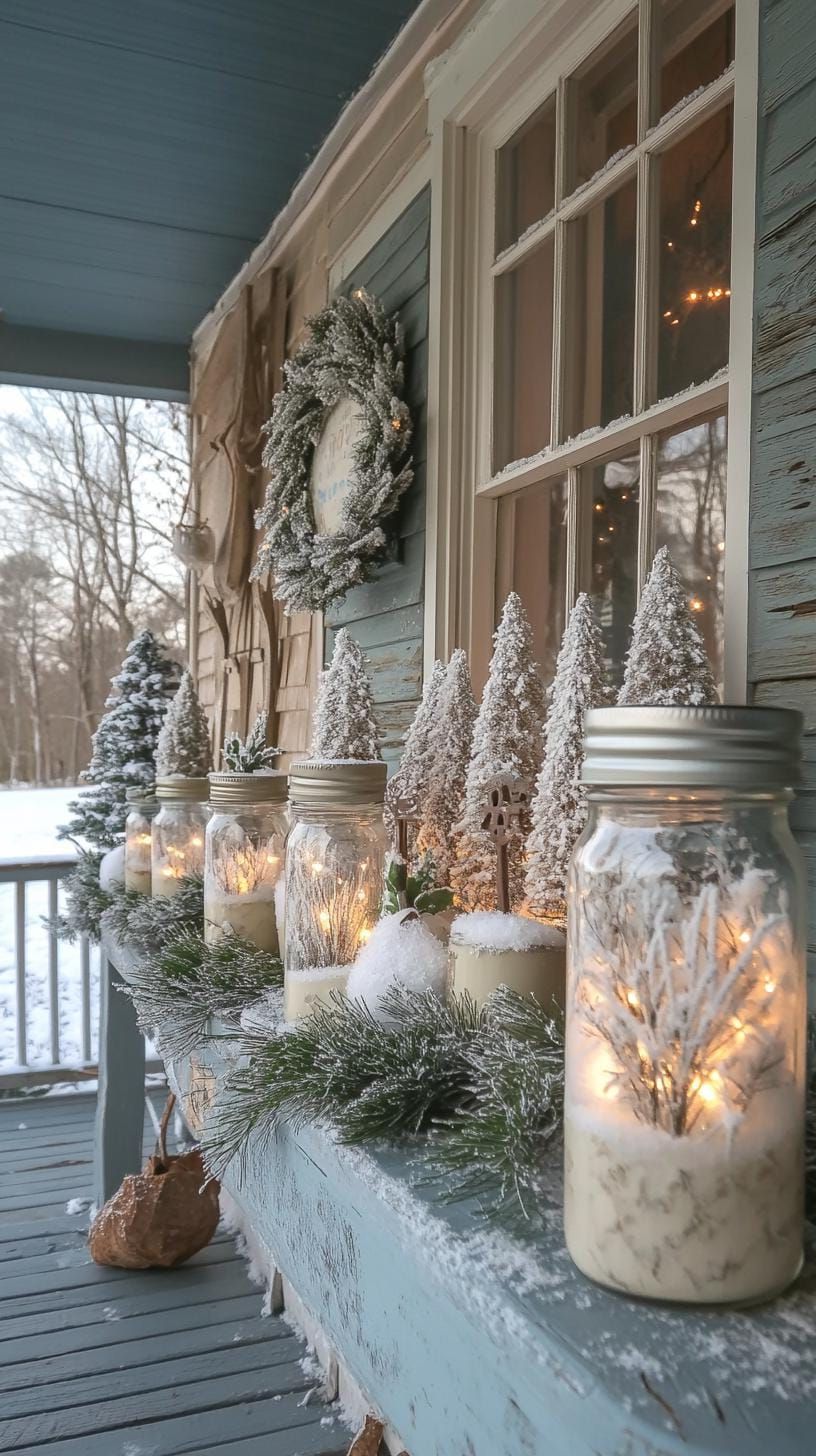 15 Gorgeous Winter Porch Decor Ideas to Spark Your Creativity 7 2. Frosty Mason Jar Snow Globes with Nature Scenes-1