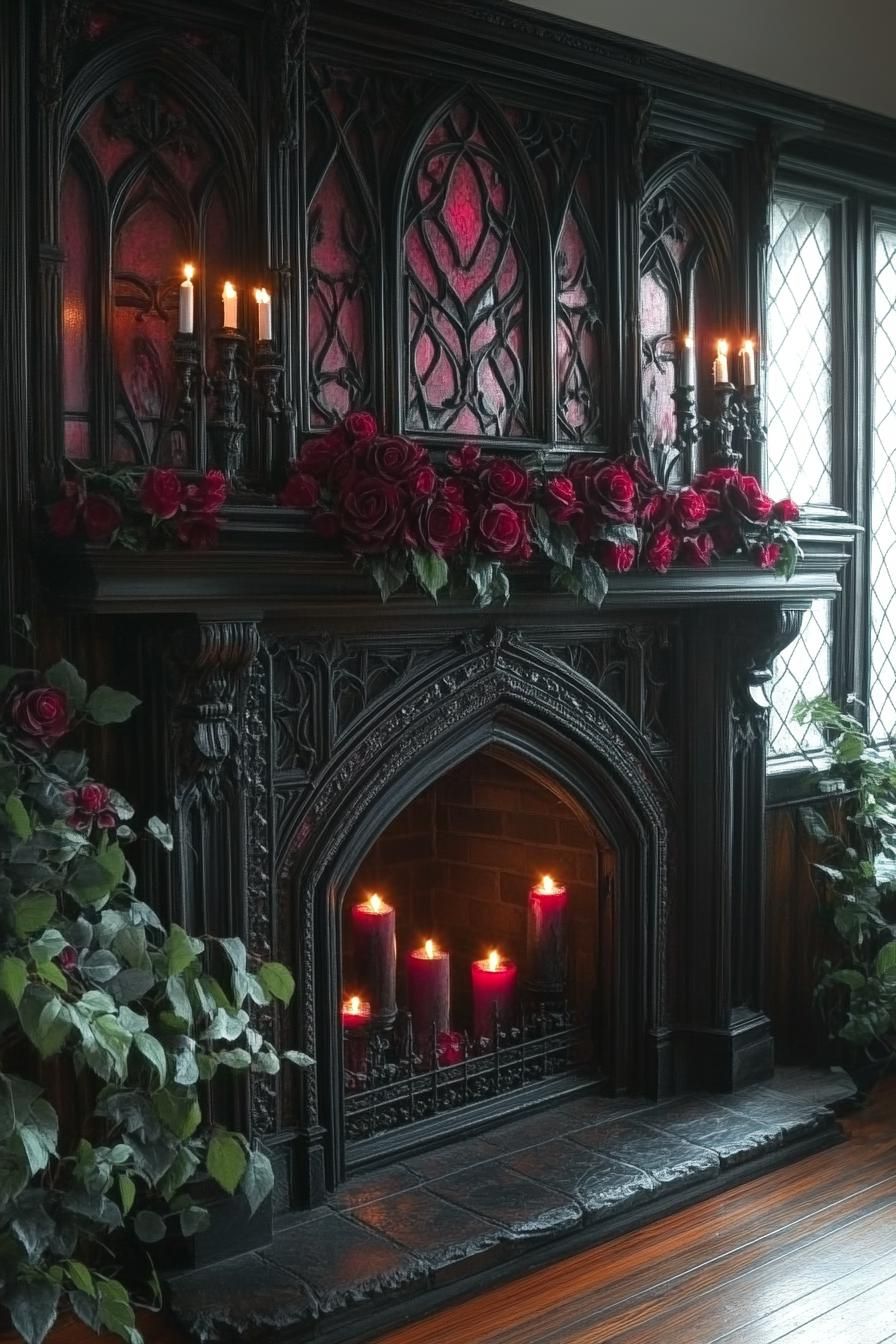 7. Elegant Gothic Christmas Mantel Decor-2
