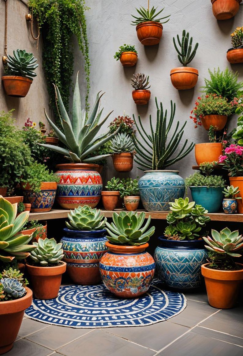 15 Chic Boho Patio Ideas You’ll Love 30 12. Artistic Boho Patio Pottery Collection-1