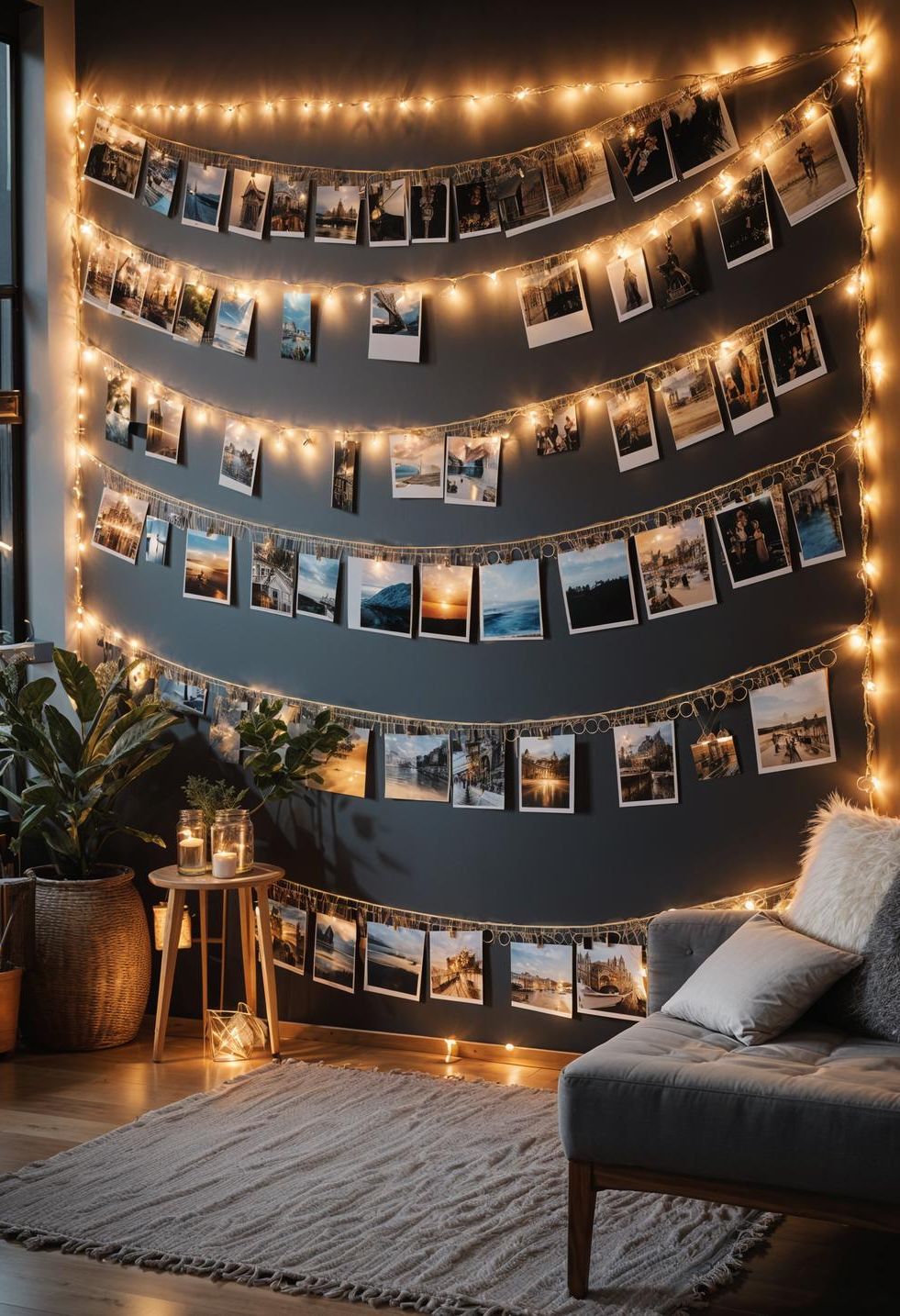 45 Chic & Modern Boho Living Room Ideas To Copy 82 39. Twinkling Fairy Light Photo Montage-0