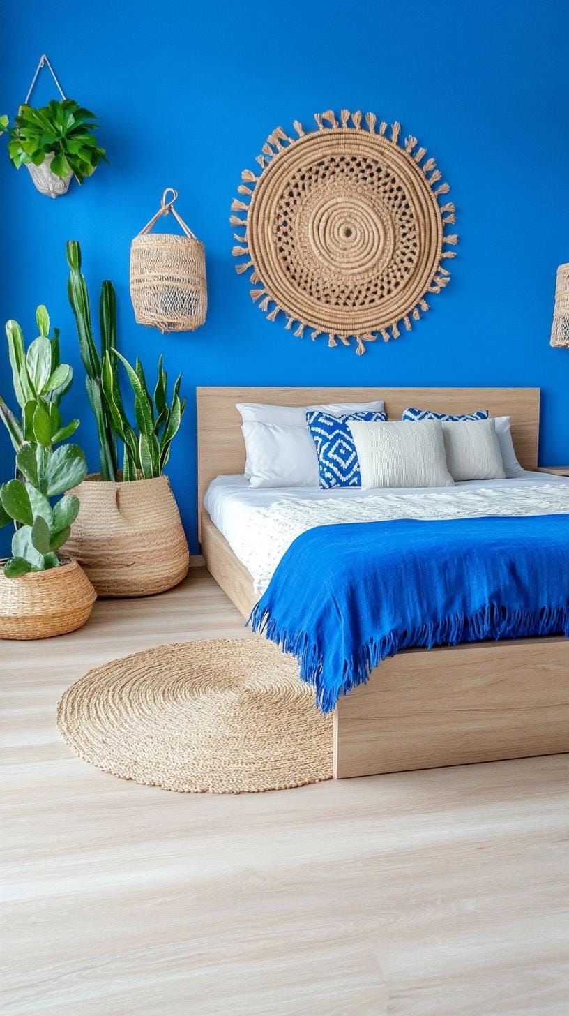 21 Best Blue Boho Bedroom Ideas To Inspire You 65 20. Lapis Lagoon: Layer lapis-colored wall murals with soft lighting and cactus-inspired decorations-1